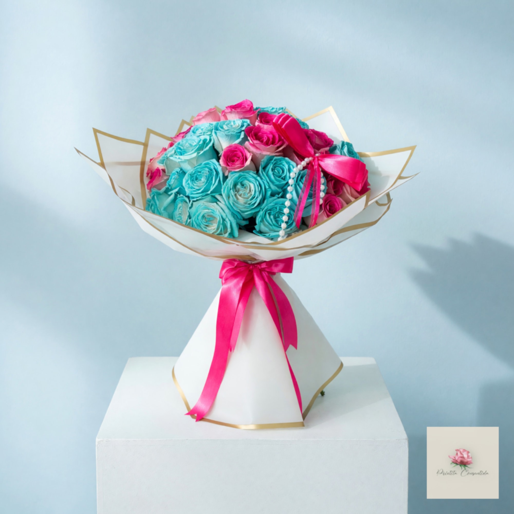 Bouquet of turquoise and pink roses wrapped in white paper with a pink ribbon, photo 4 of 5