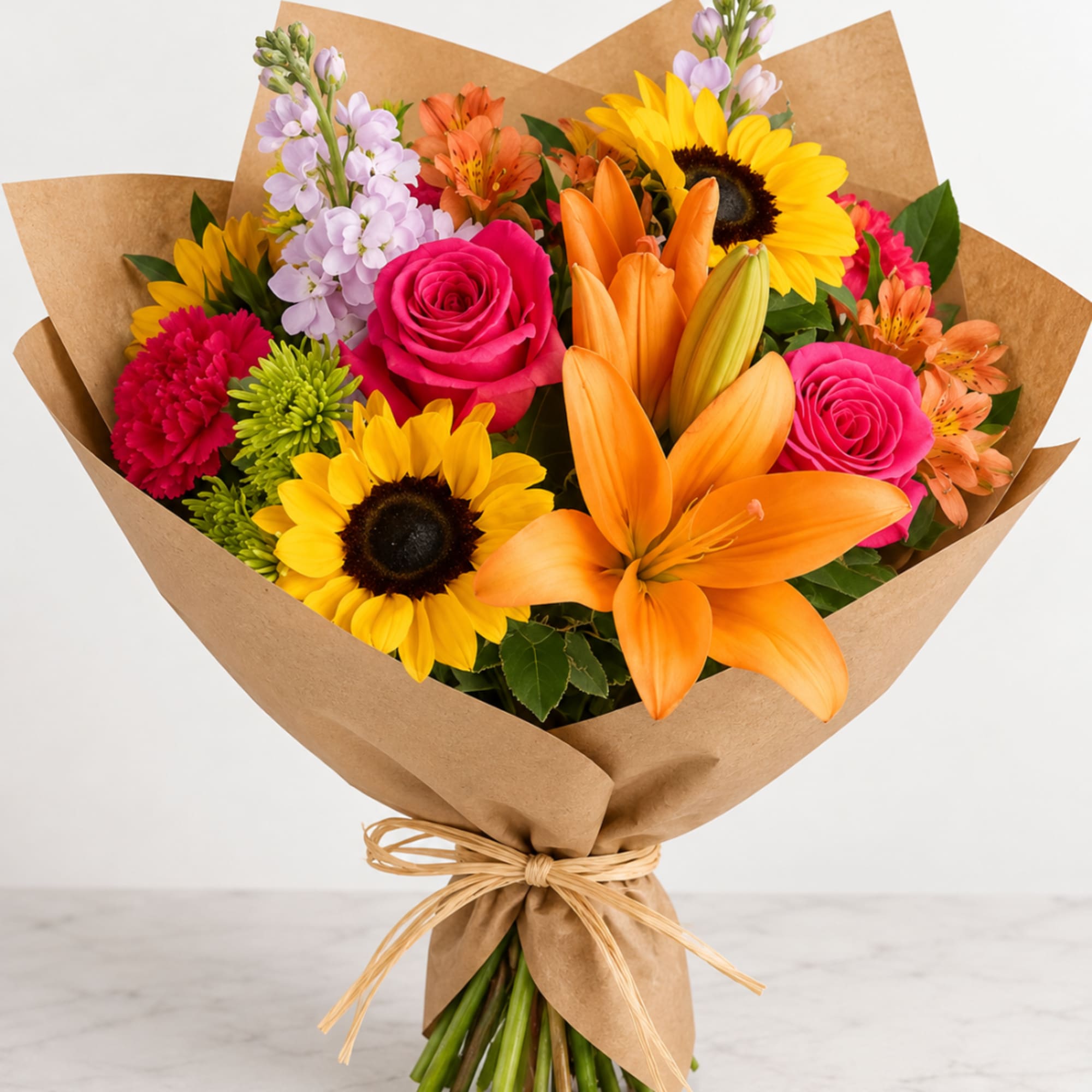 Bright mixed bouquet with sunflowers, roses, lilies, and carnations in brown paper