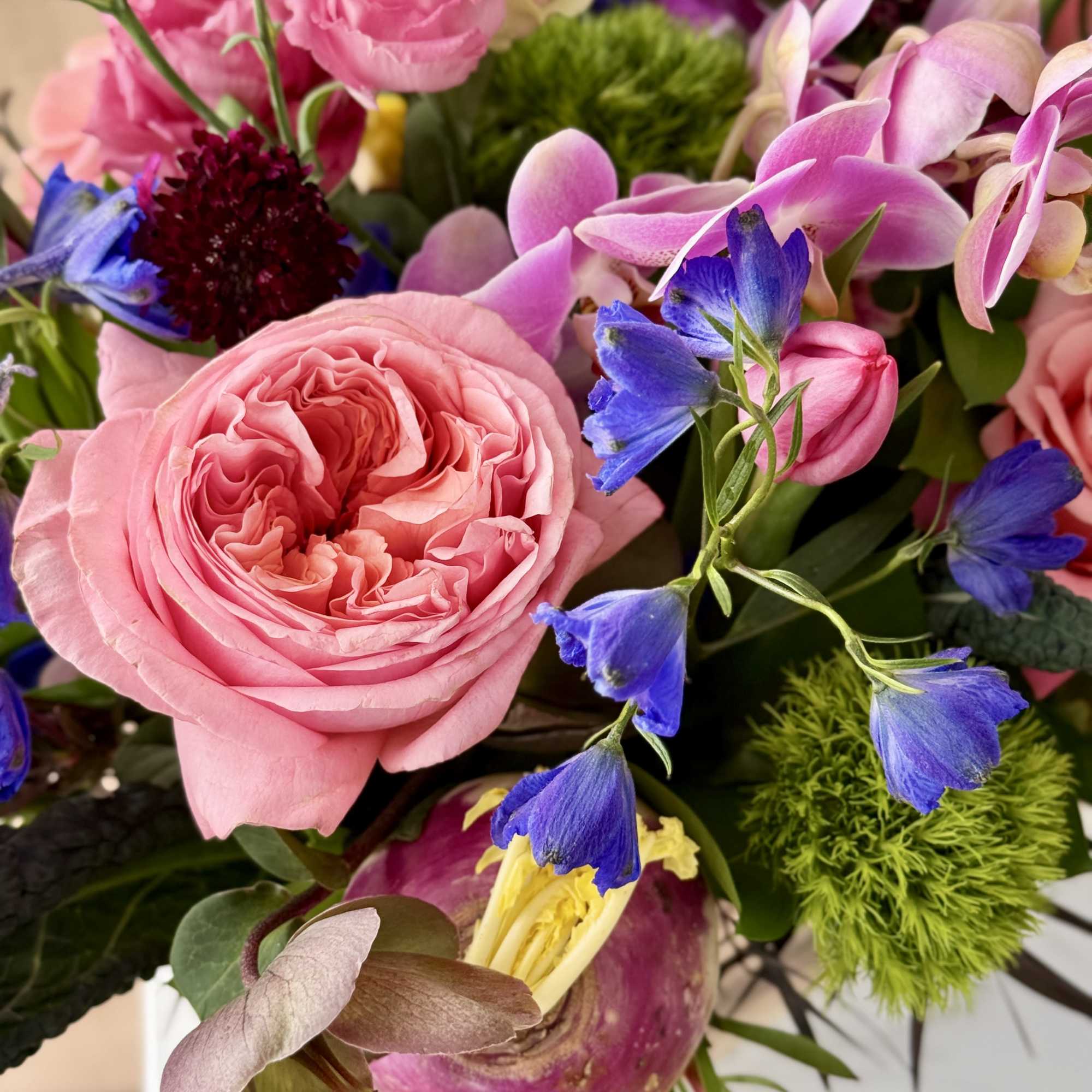 "Amber is the color of your energy." Orchids, Rutabaga, Kale, Roses, Leucadendron, photo 2 of 3