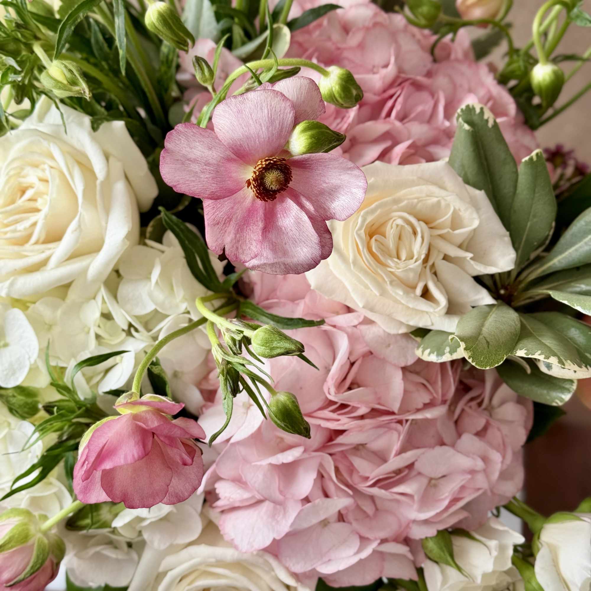 Pink and white bouquet with roses, hydrangea, and anemones