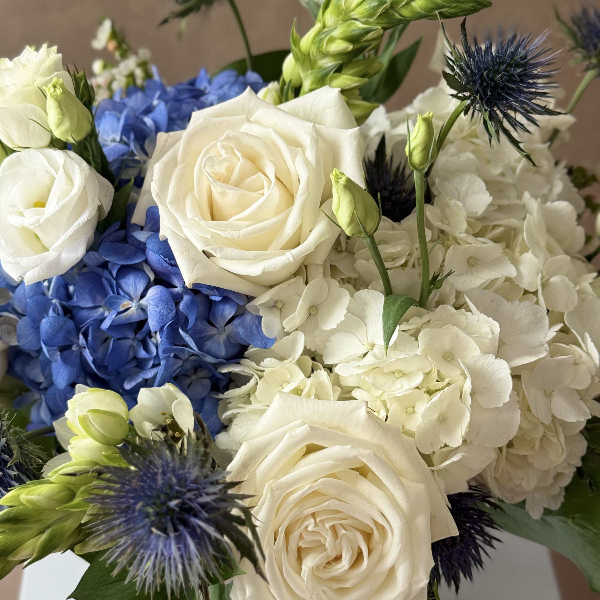 White roses and blue hydrangeas with spiky blue thistles
