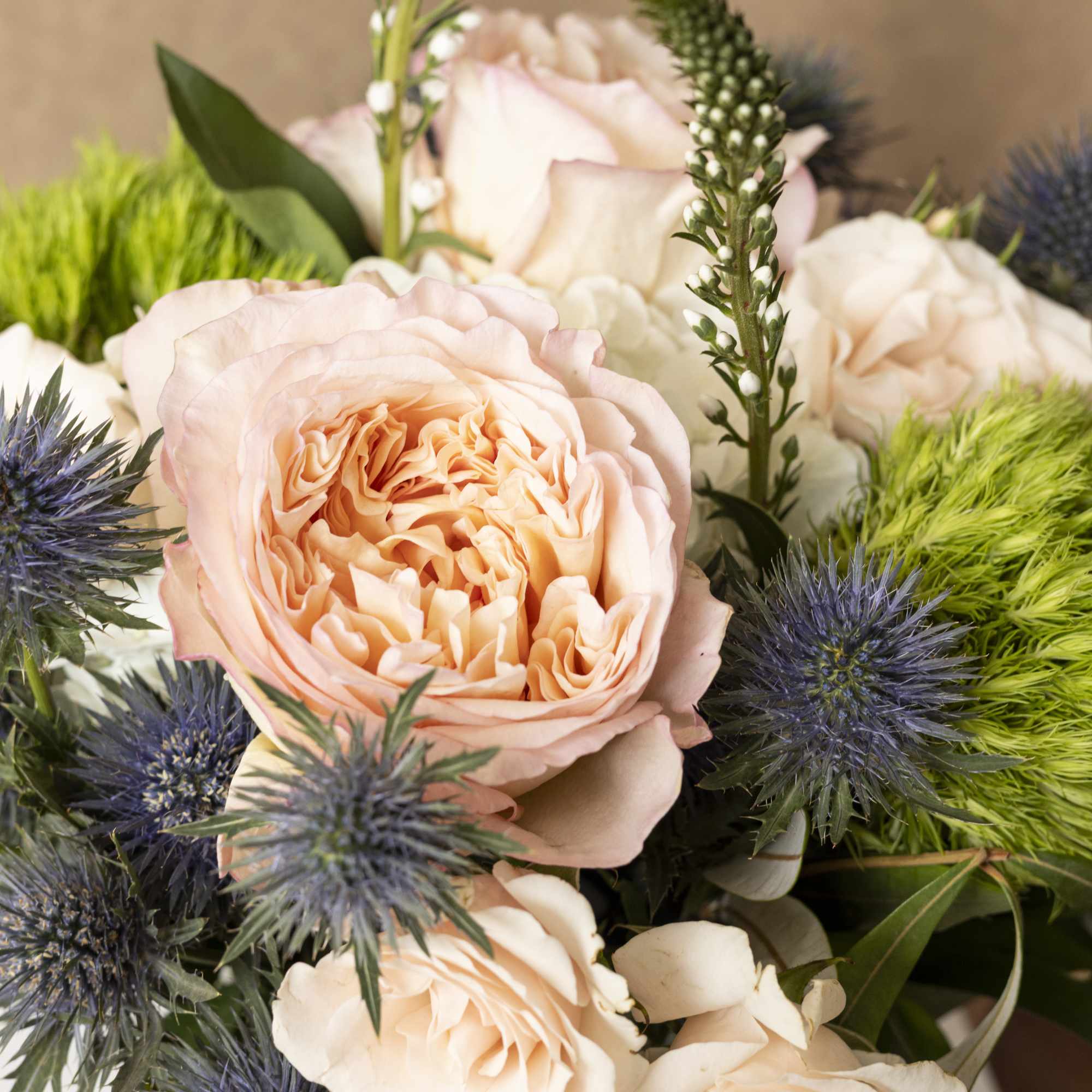 Peach roses with blue thistle and green accents in a bouquet