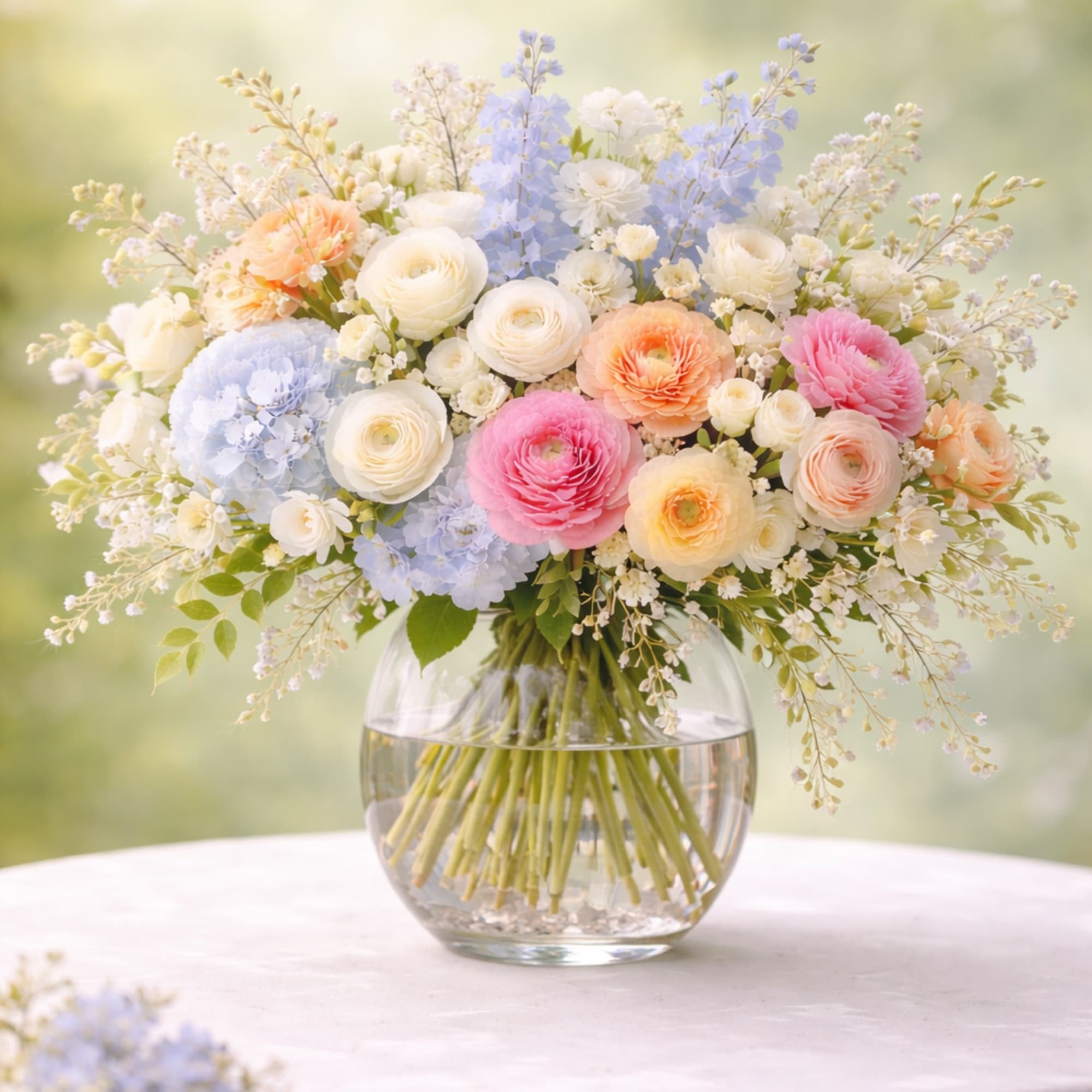 This beautiful and elegant arrangement, made with Hydrangea, ranunculus, Stuck, white dendrobium, photo 2 of 2