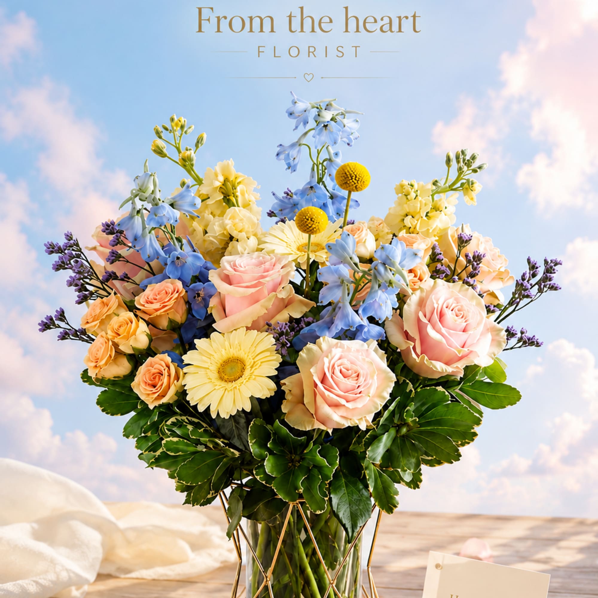 This beautiful arrangement made with blue delphinium,  peach gerbera , pink
