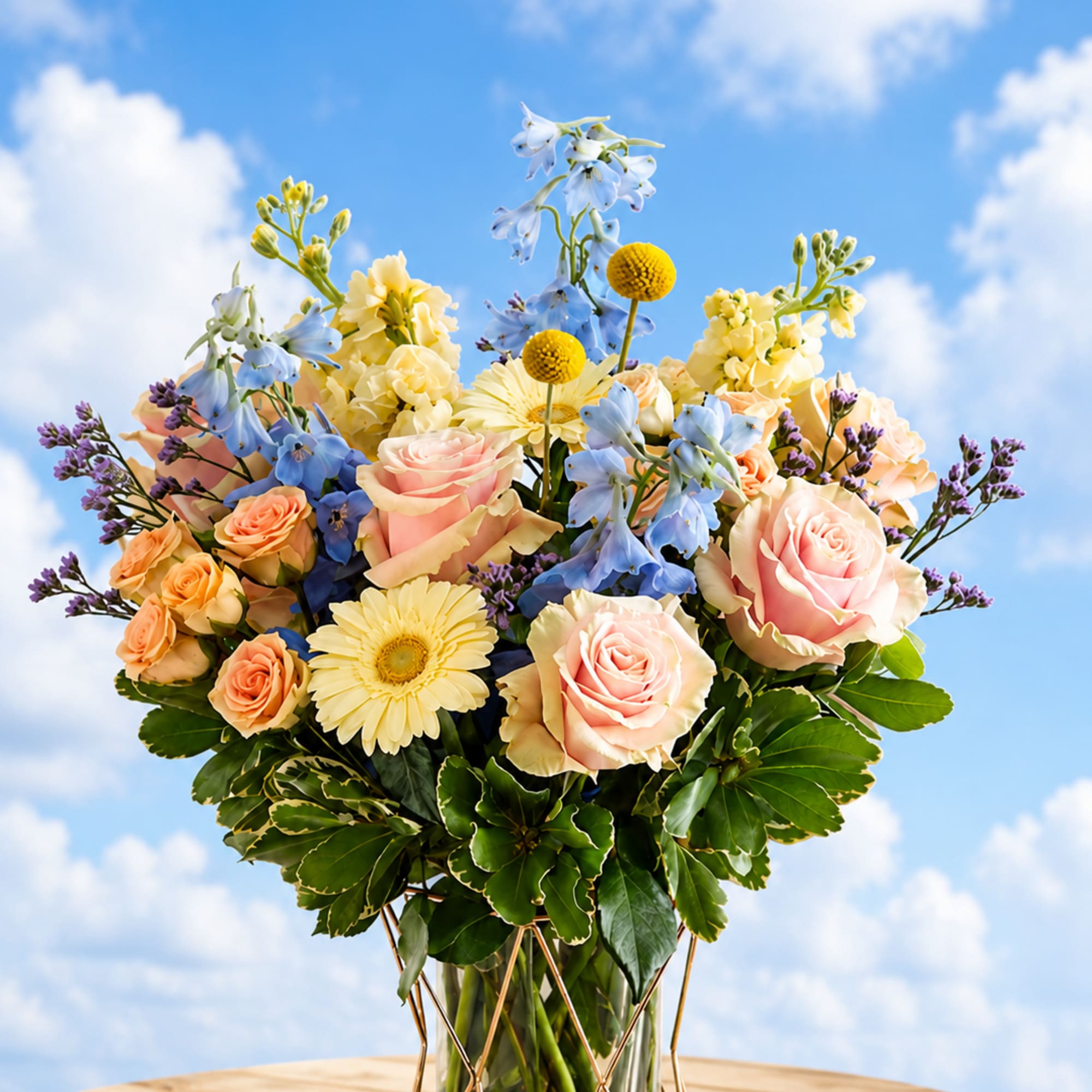 This beautiful arrangement made with blue delphinium,  peach gerbera , pink