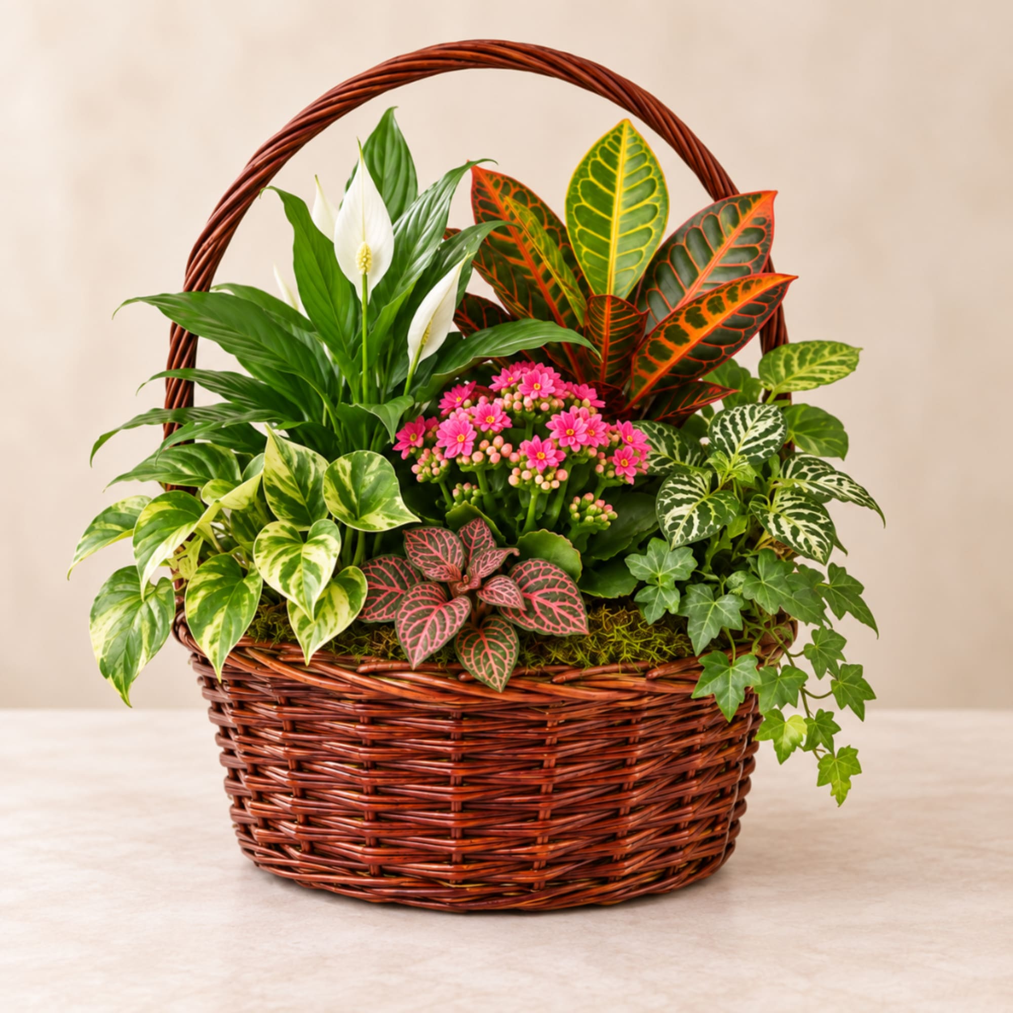 Mixed plant basket with white blooms and colorful foliage in a wicker basket
