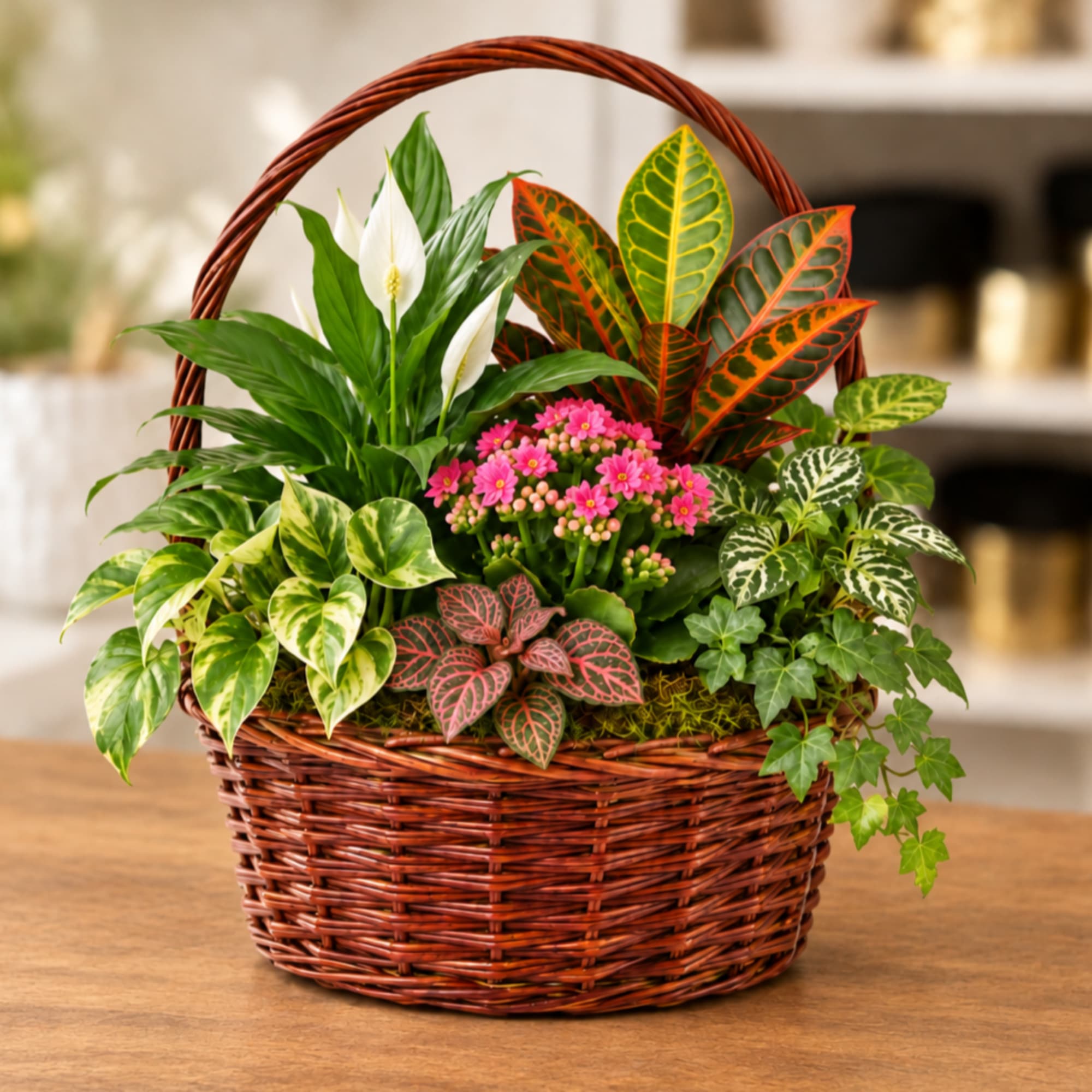 Mixed potted plants in a wicker basket with white blooms