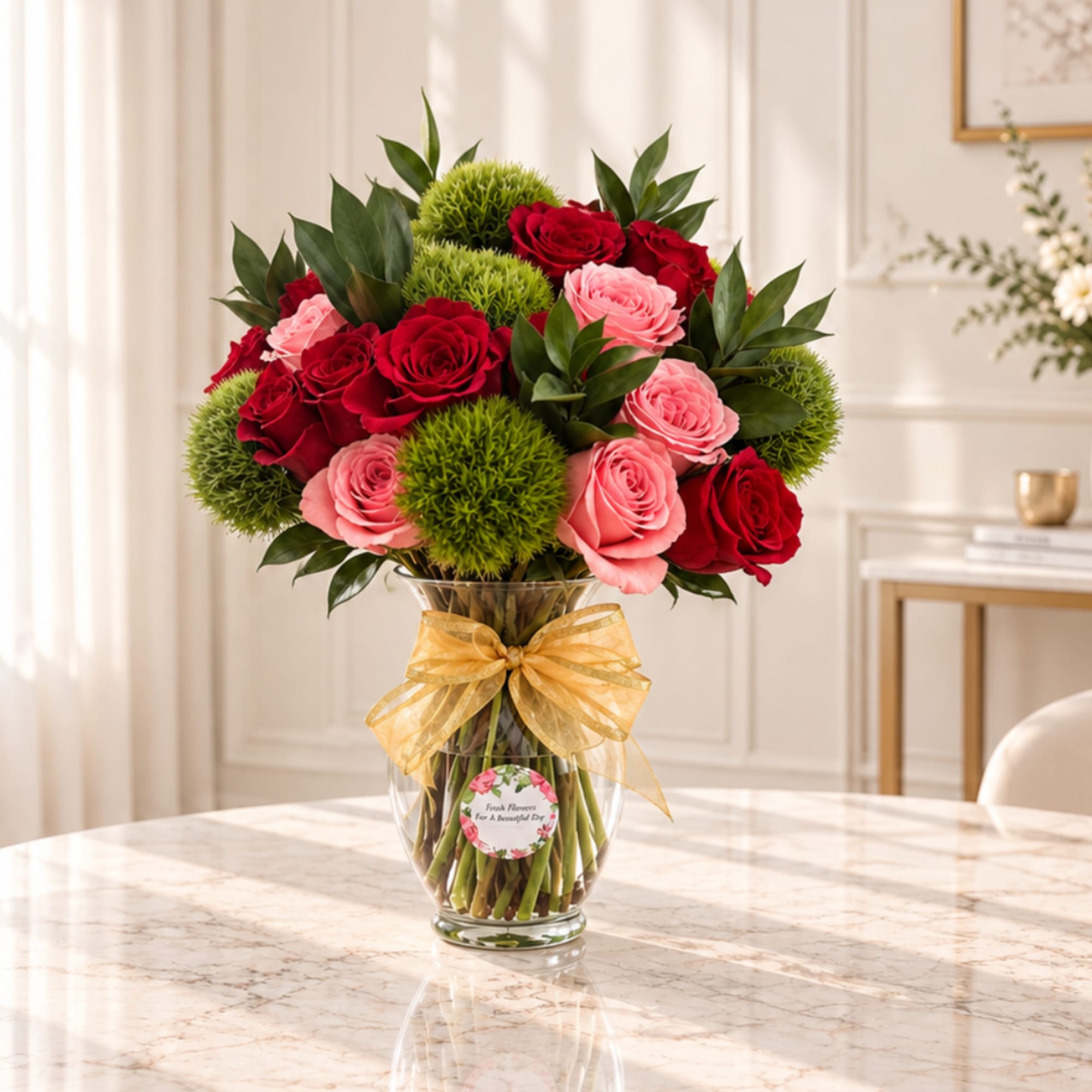 Red and pink roses arranged in a glass vase with a gold ribbon