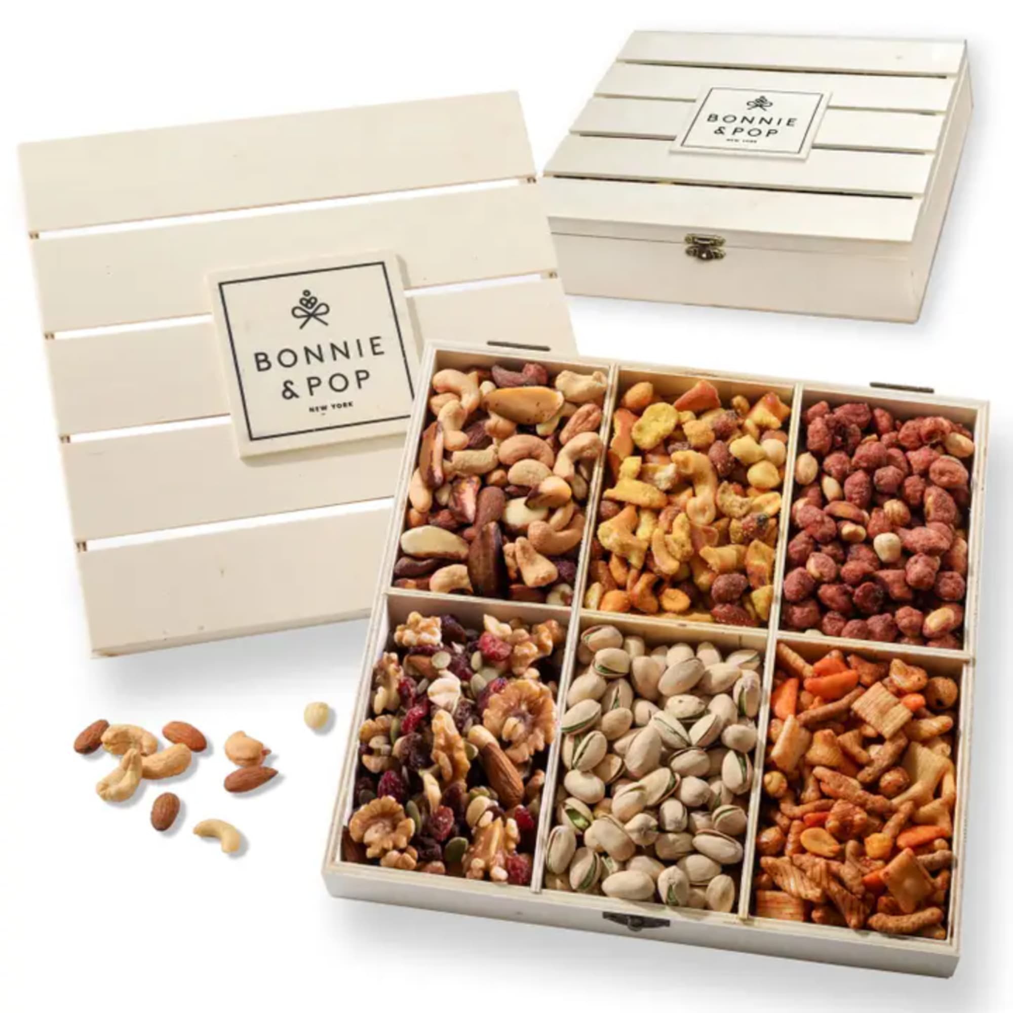 Assorted nuts and snack mix in a divided gift box