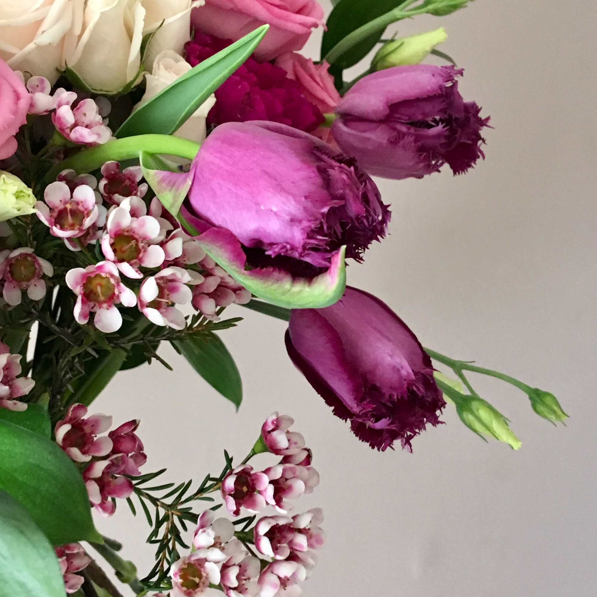 Bouquet of pink and white roses with purple tulips and small pink blossoms