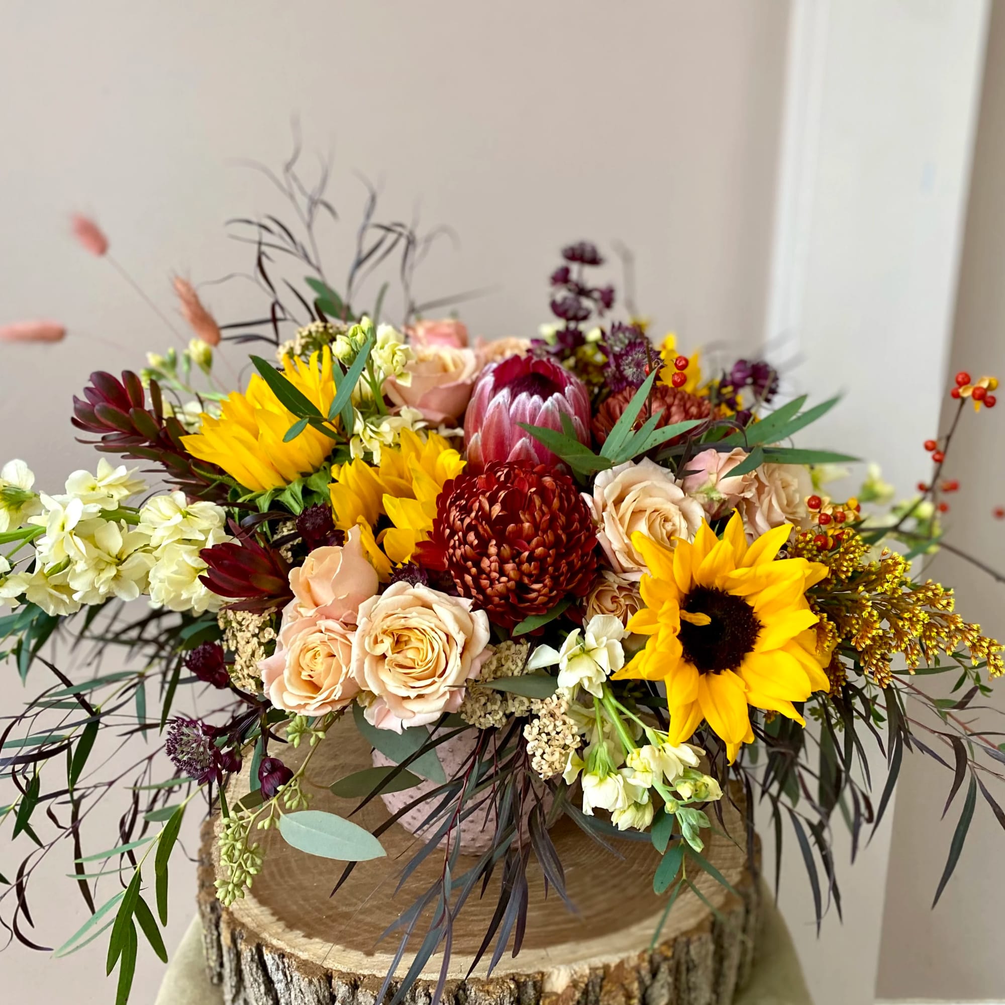 A lovely and lush Fall Flower arrangement in a vase. A mix, photo 2 of 3