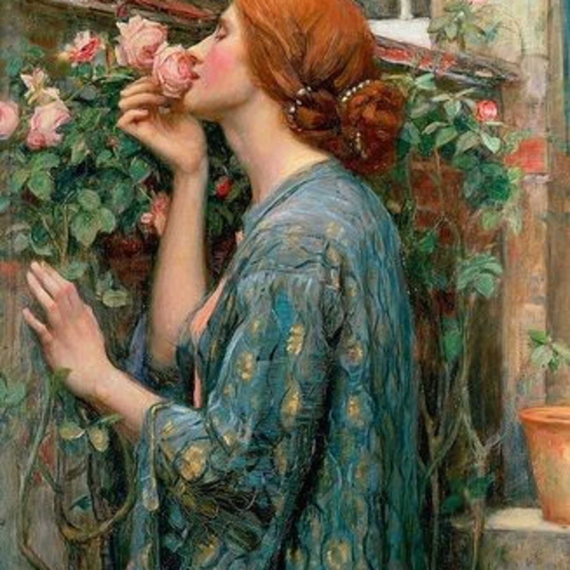 Painting of a woman smelling pink roses in a garden