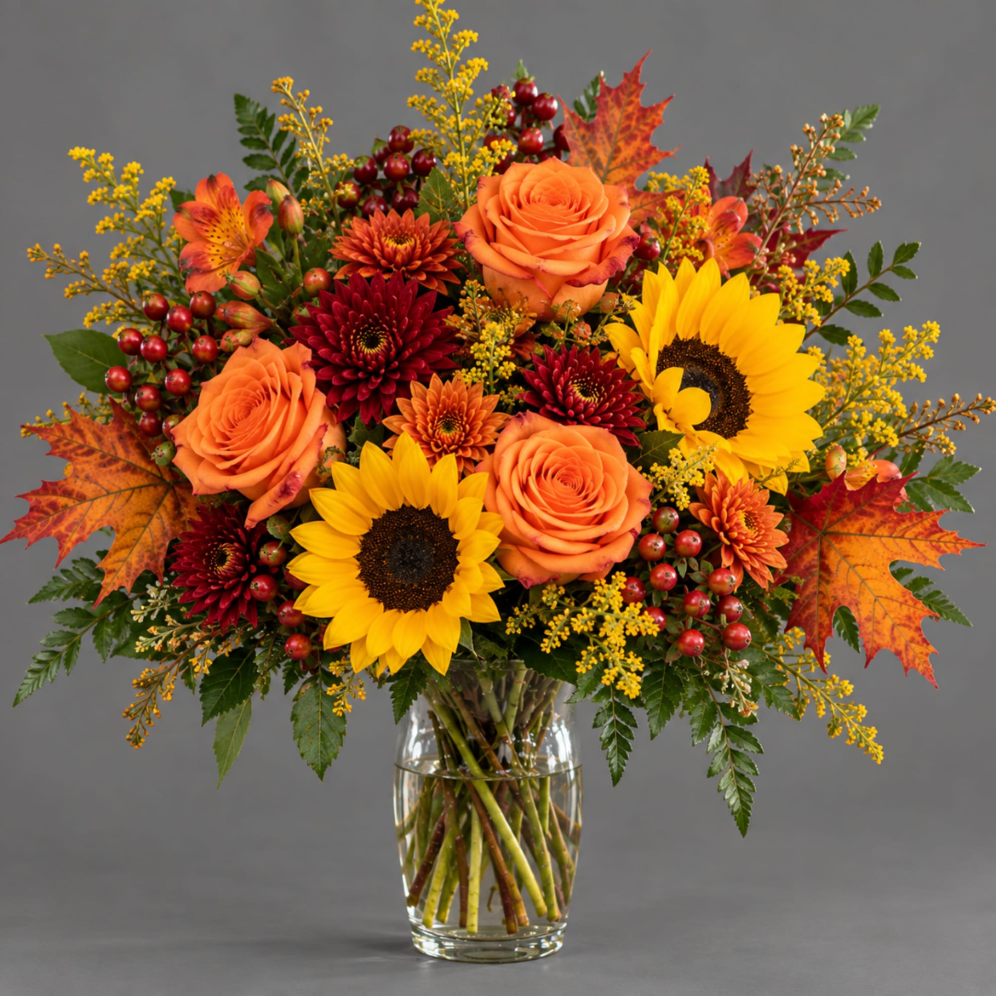 Autumn bouquet of sunflowers, orange roses, and red mums in a glass vase