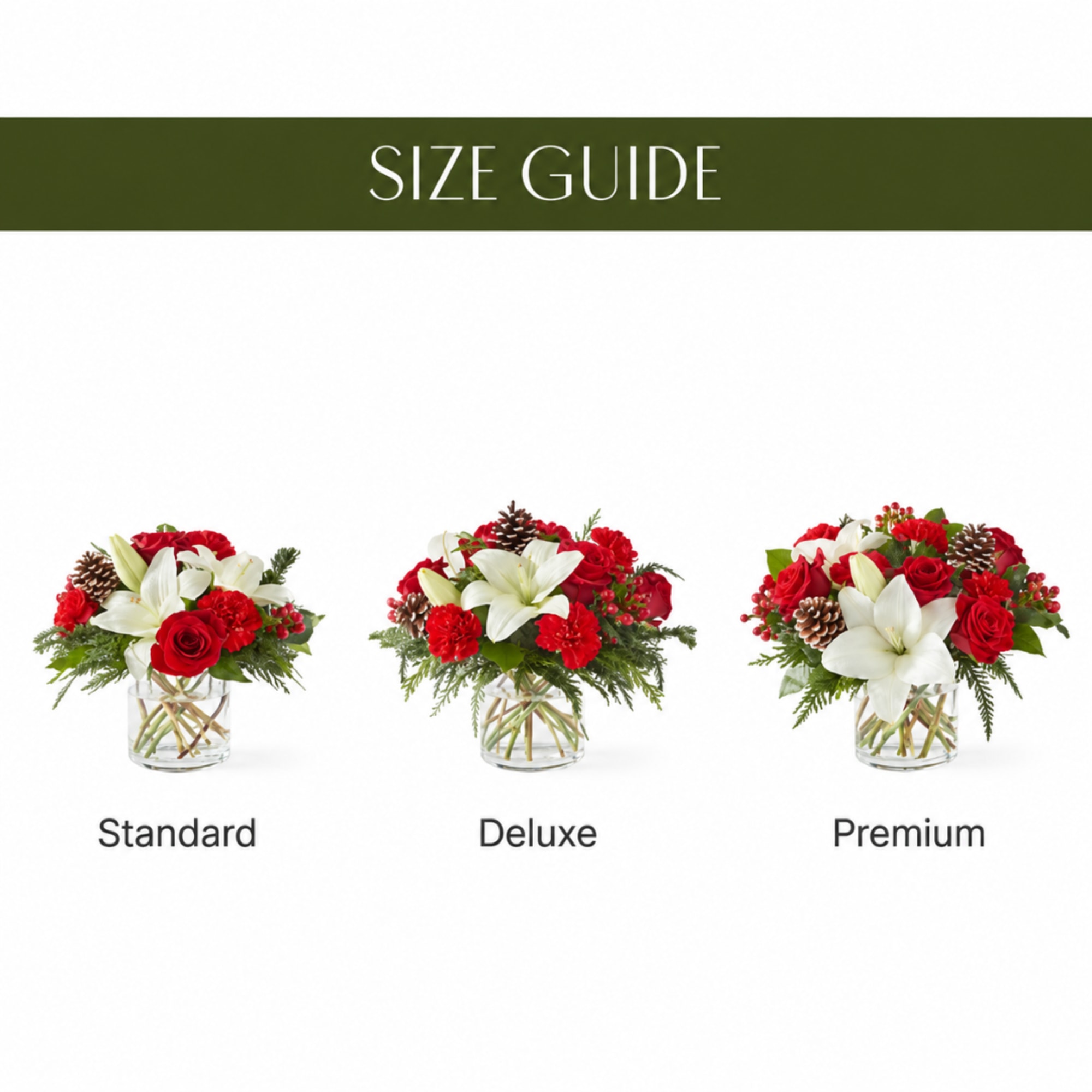 Size guide showing three red and white floral arrangements in glass vases