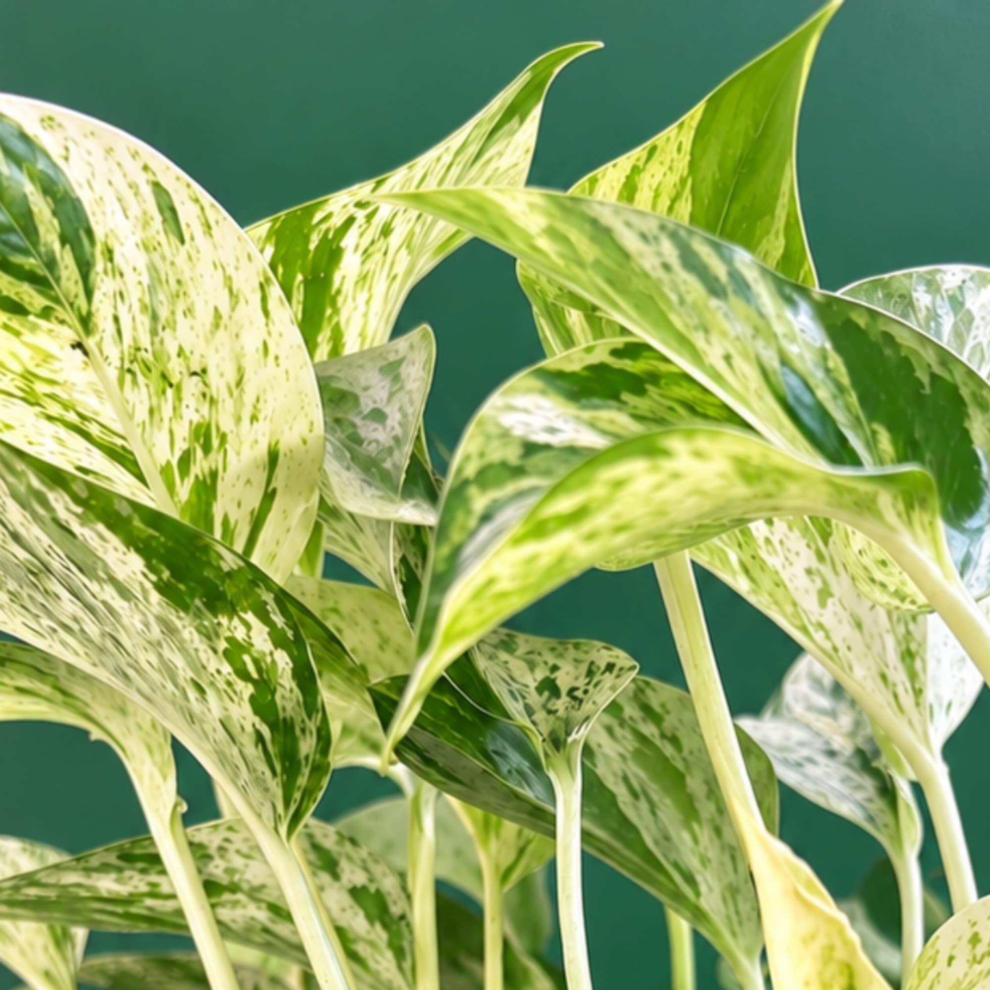 Variegated green and white houseplant leaves against a solid background