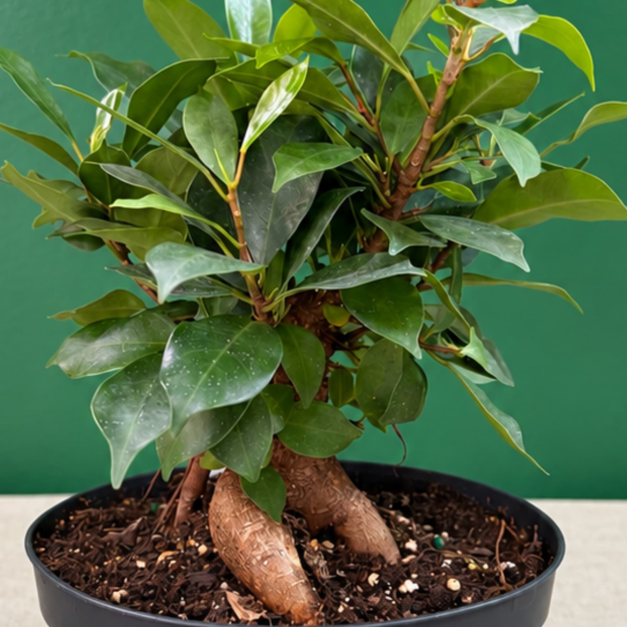 Potted ficus plant with glossy green leaves in a black container