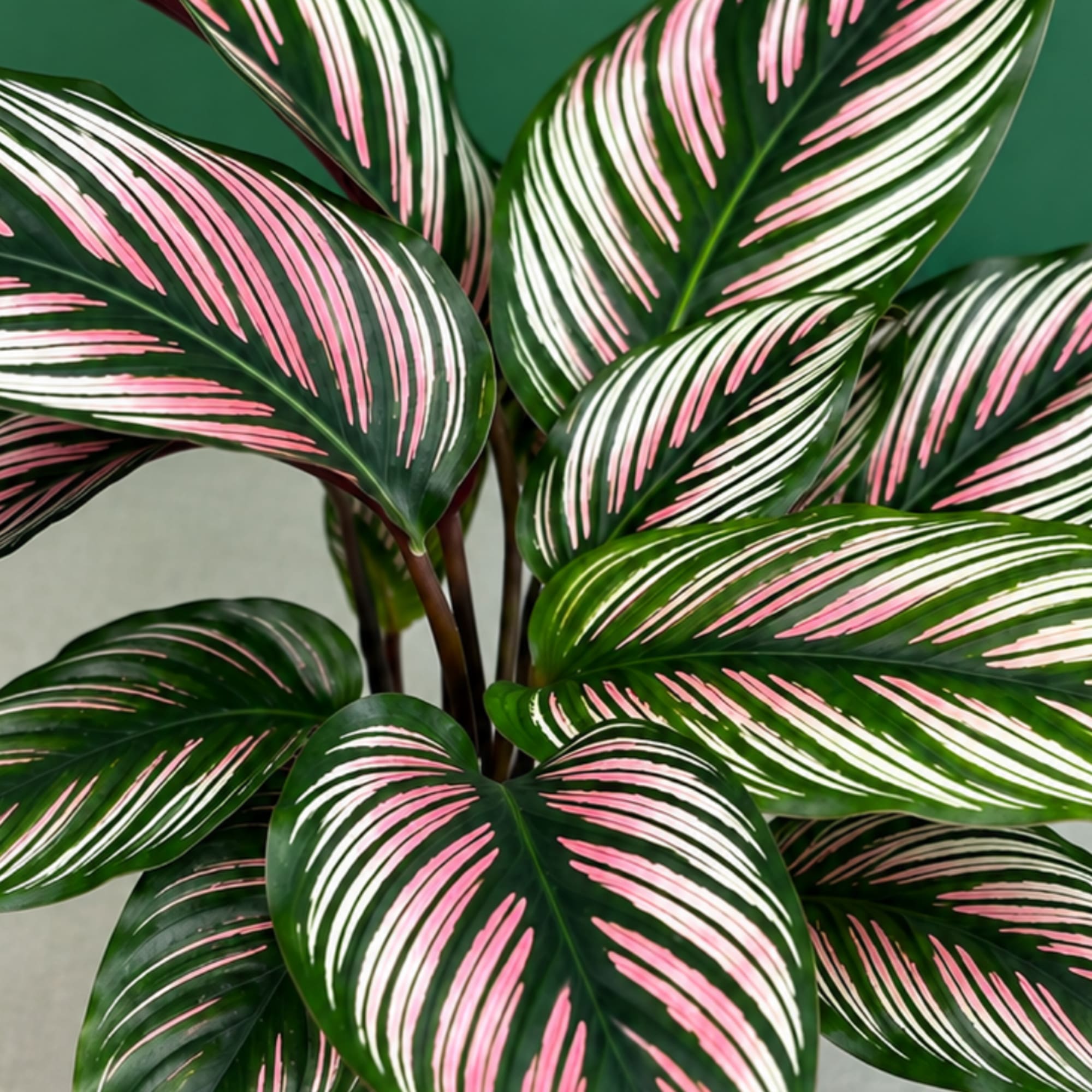 Potted plant with dark green leaves striped in pink and white, photo 2 of 2