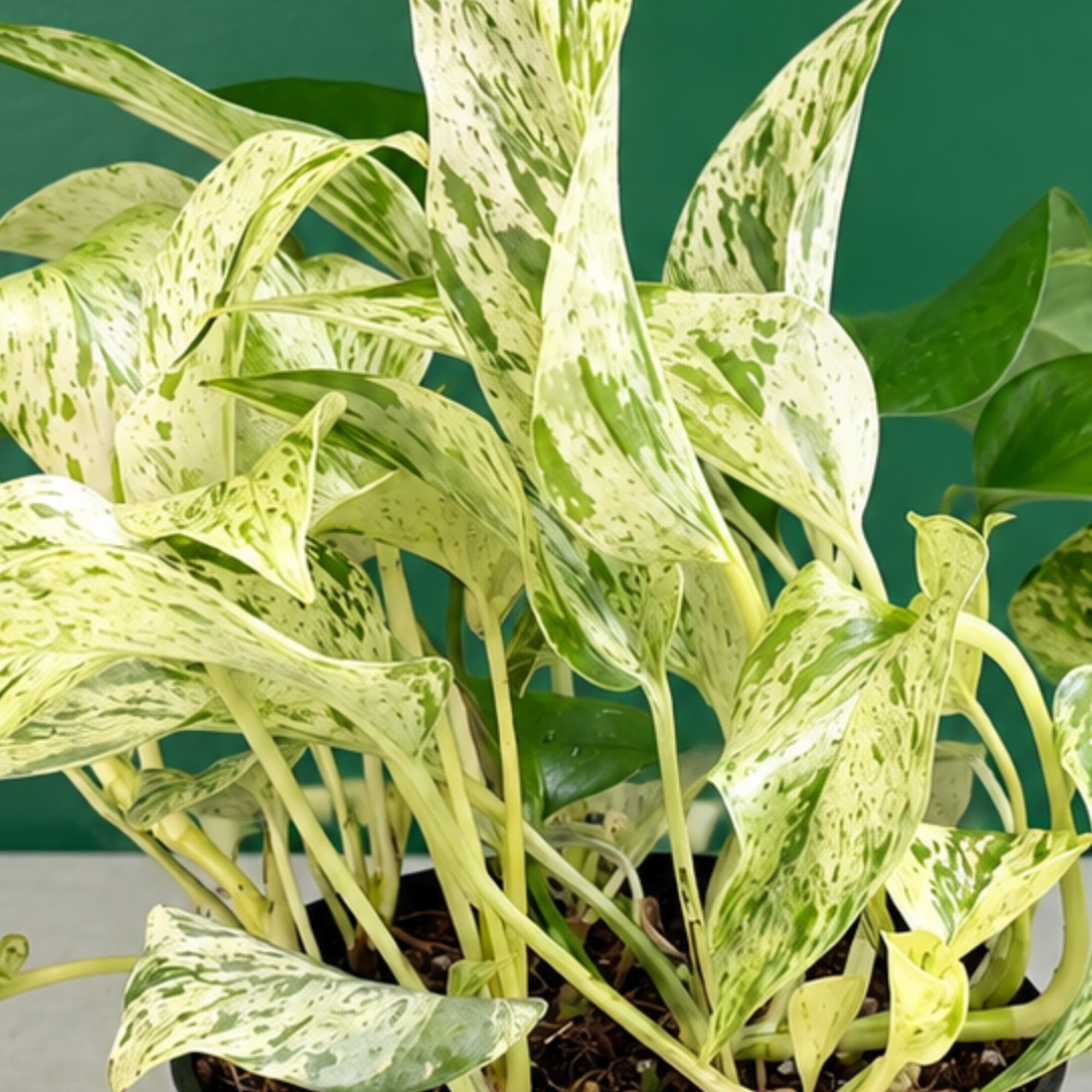 Potted variegated houseplant with cream and green speckled leaves