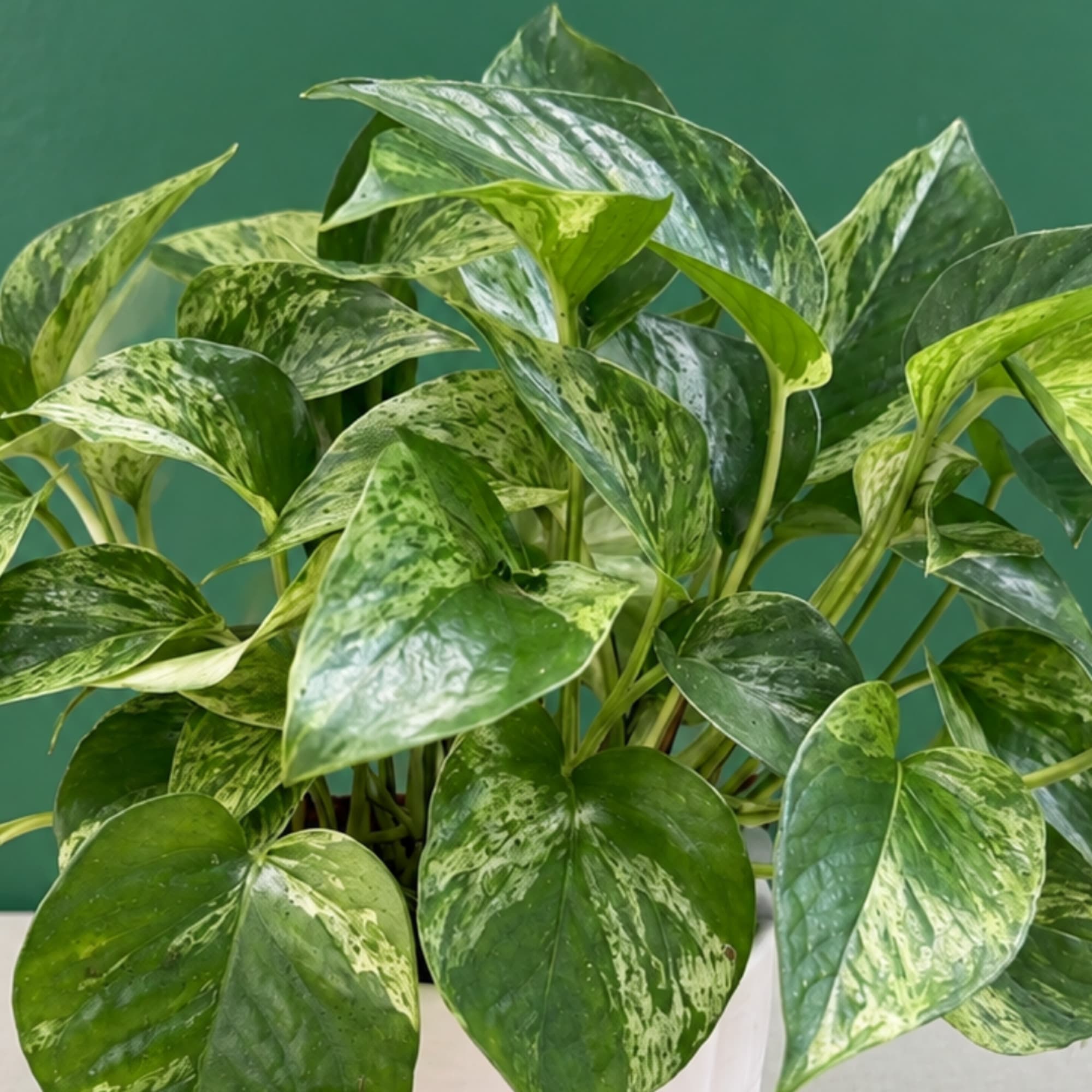 Variegated green houseplant with broad heart-shaped leaves in a pot