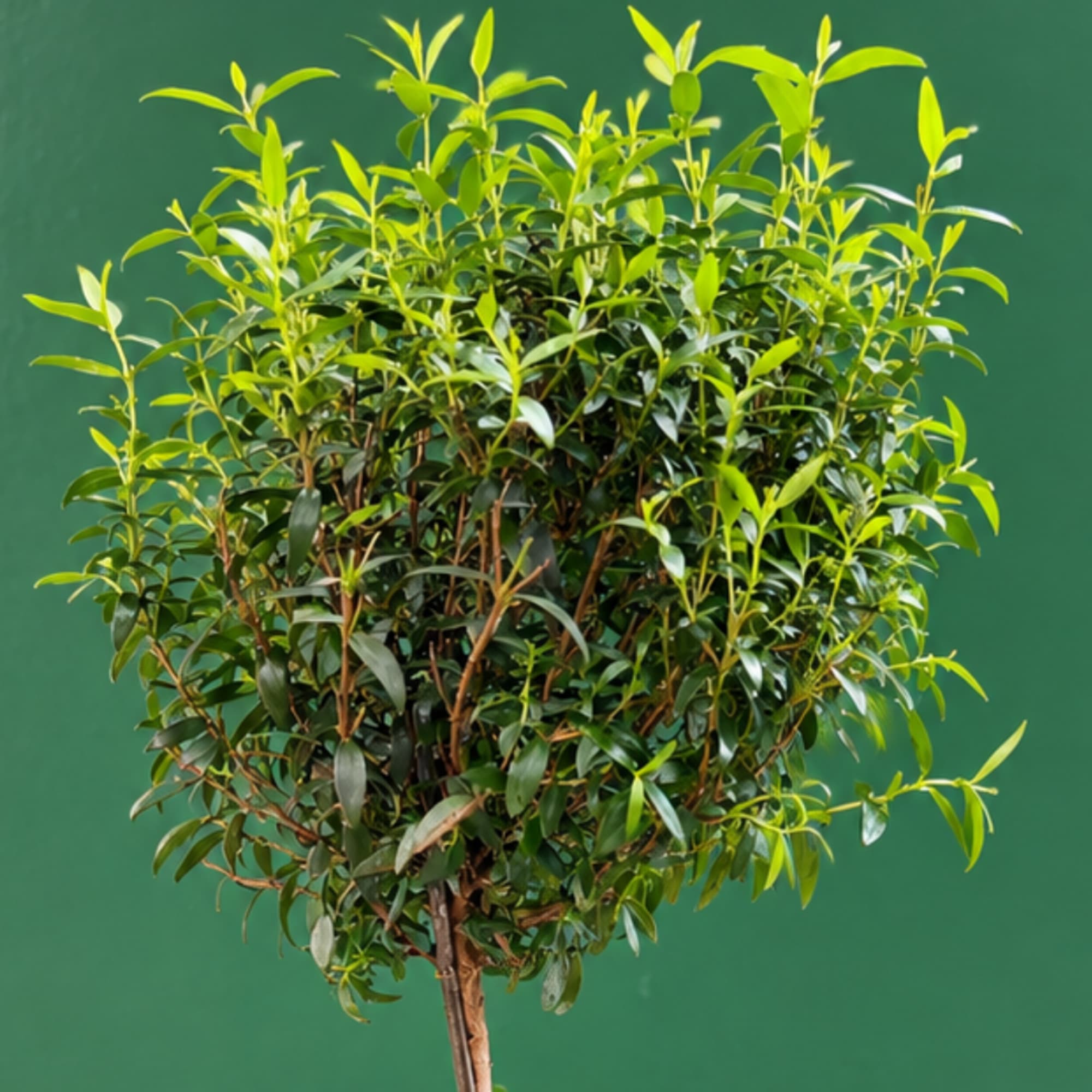 Potted leafy plant with dense green foliage and a single trunk