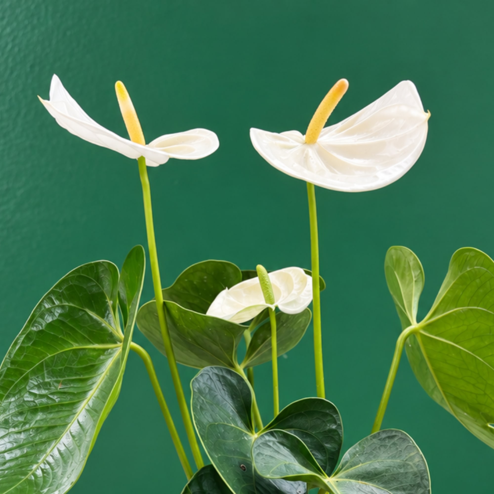 White anthurium flowers with yellow spadices and glossy green leaves