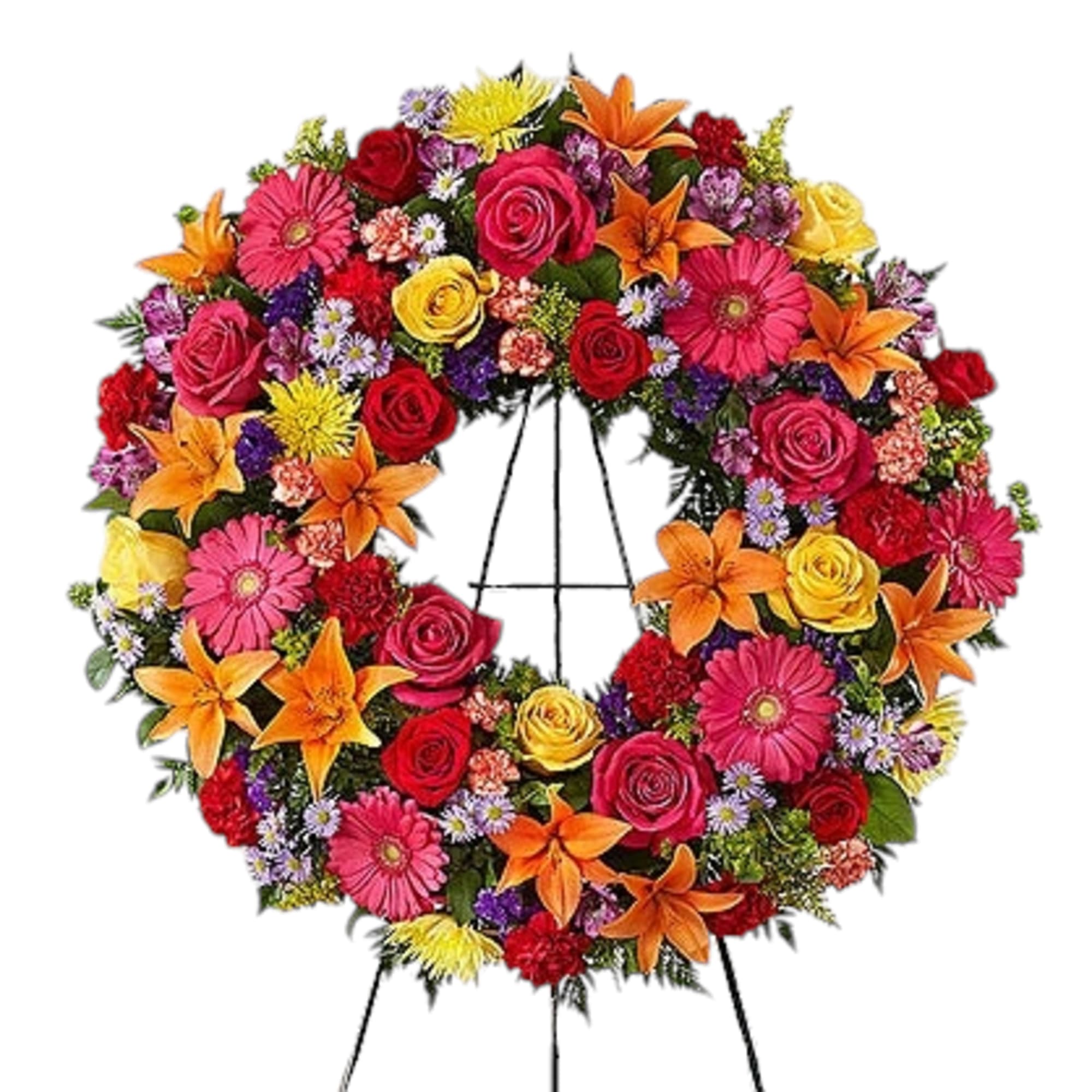 Standing wreath arrangement with red roses and carnations; orange Asiatic lilies and