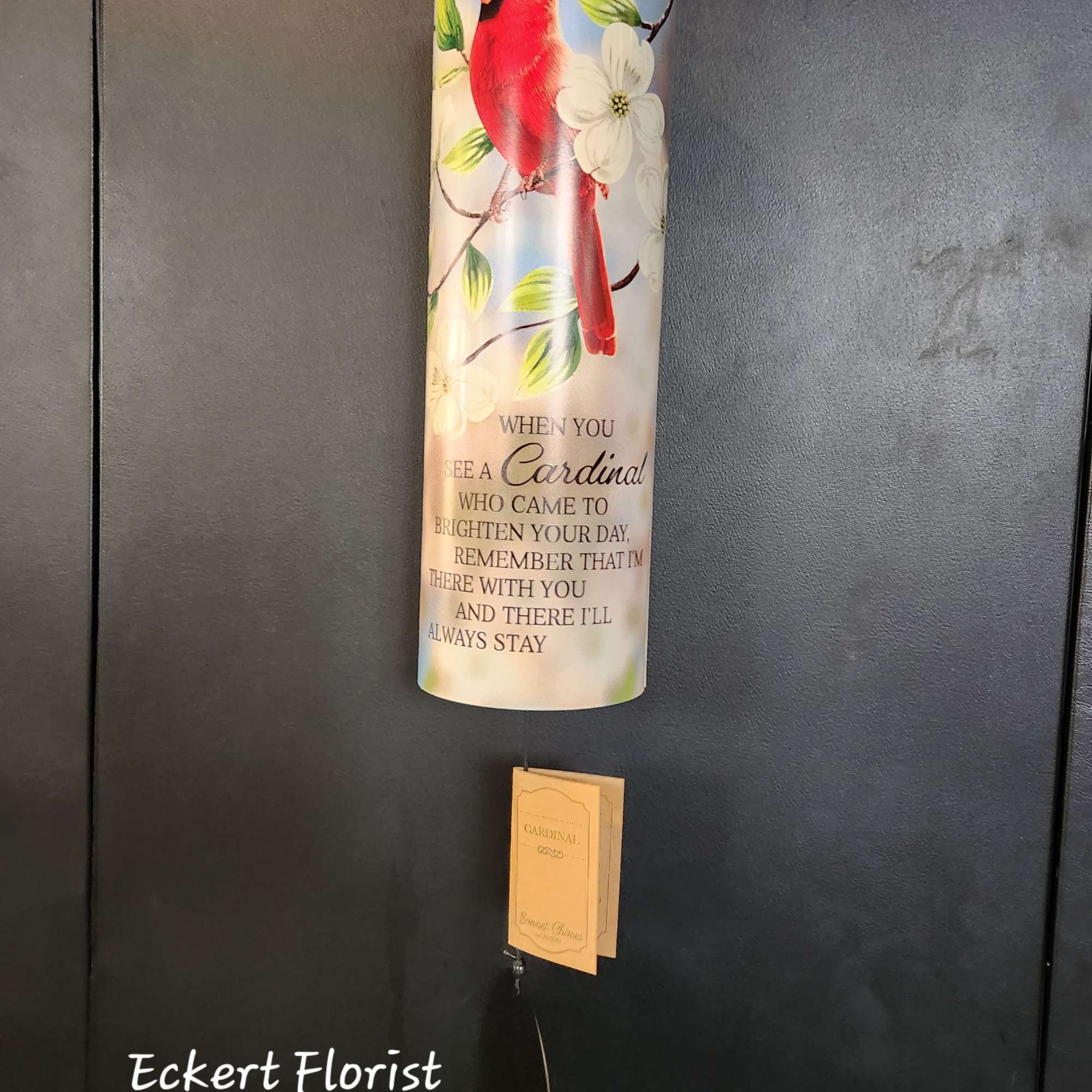 Hanging memorial wind chime with a cardinal and floral design