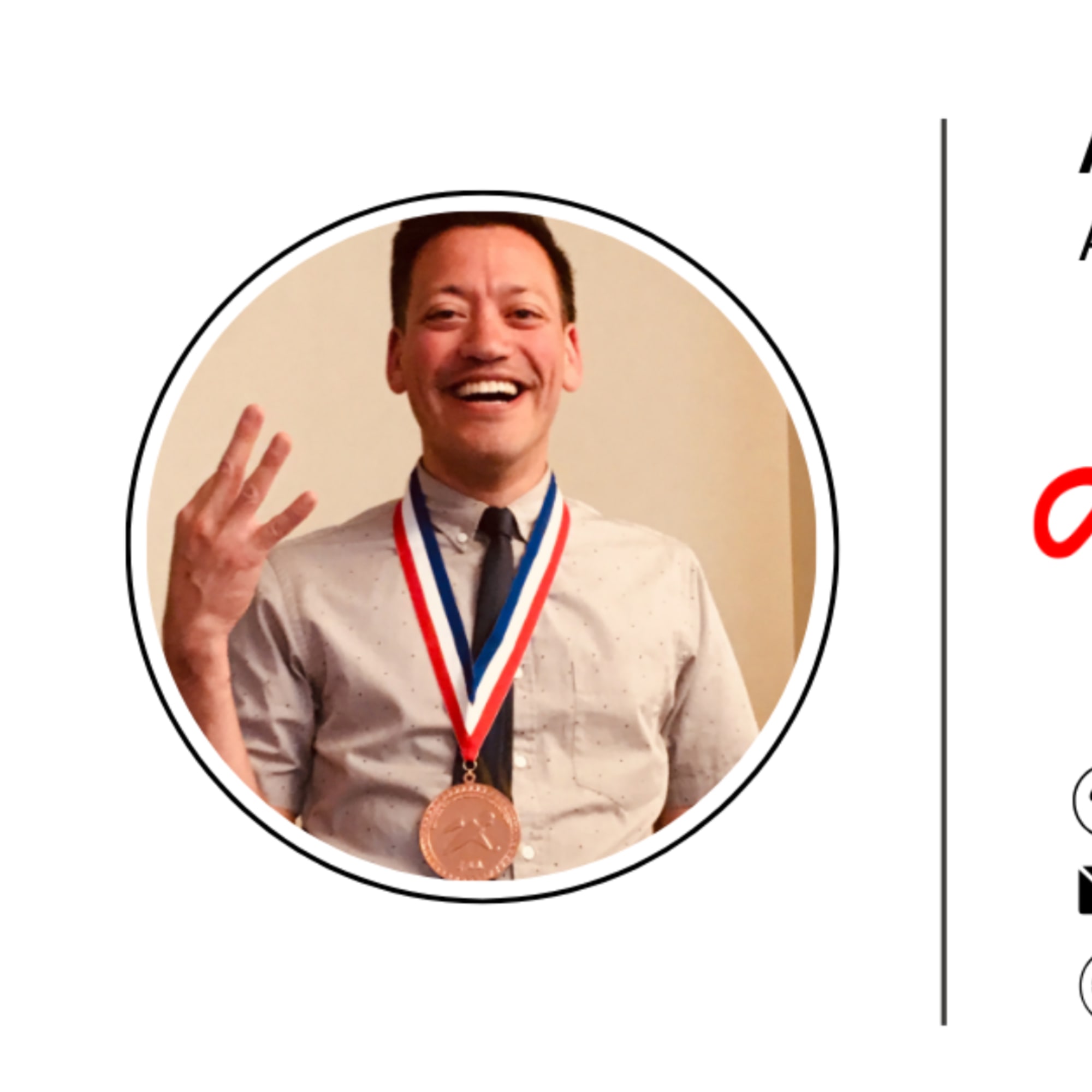 Smiling man wearing a medal inside a circular frame