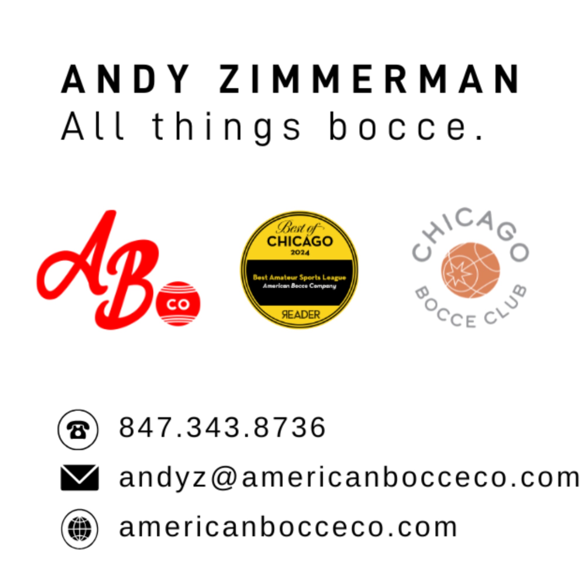 Promotional graphic with bocce club logos and contact information.