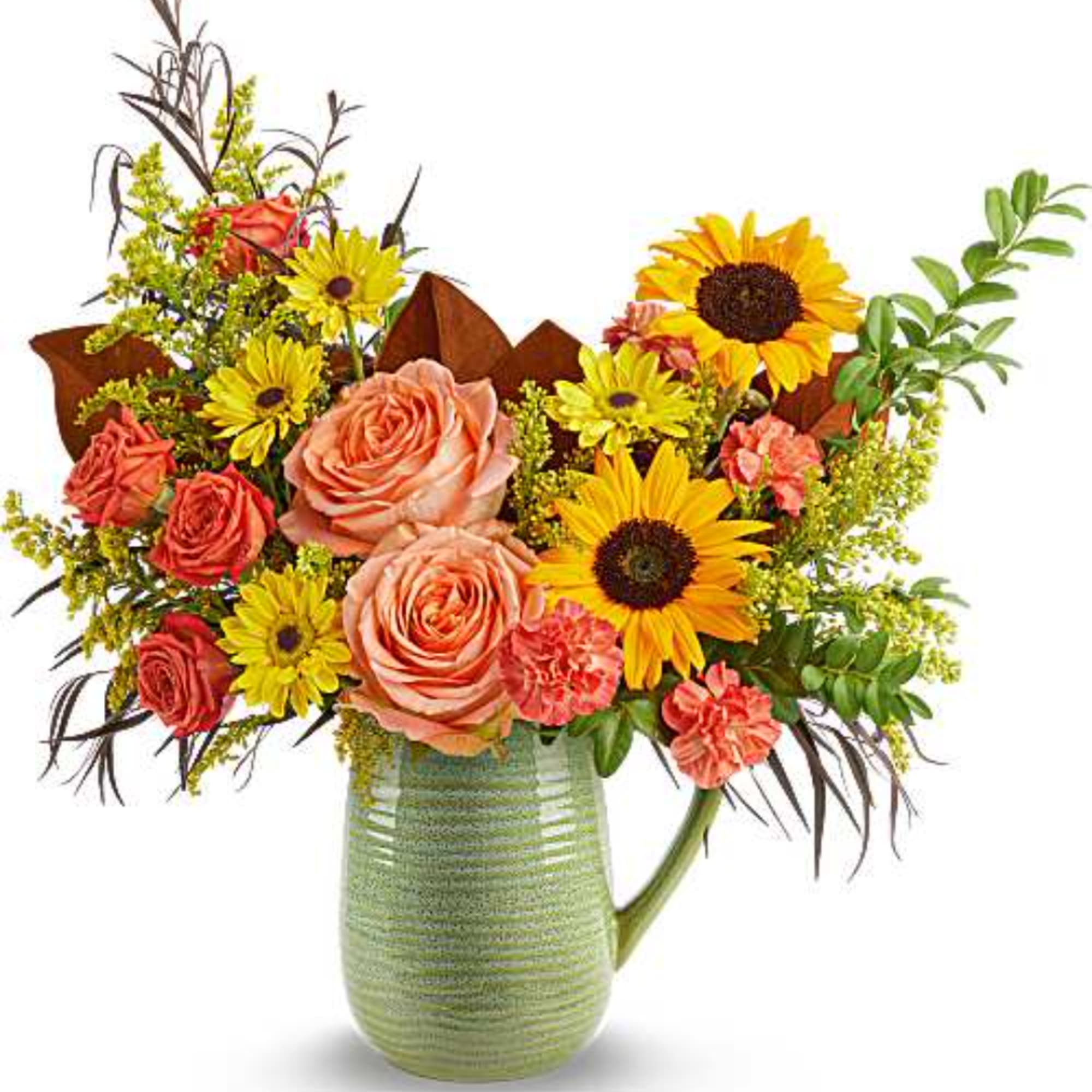 Bouquet of roses, sunflowers, and carnations in a green pitcher vase