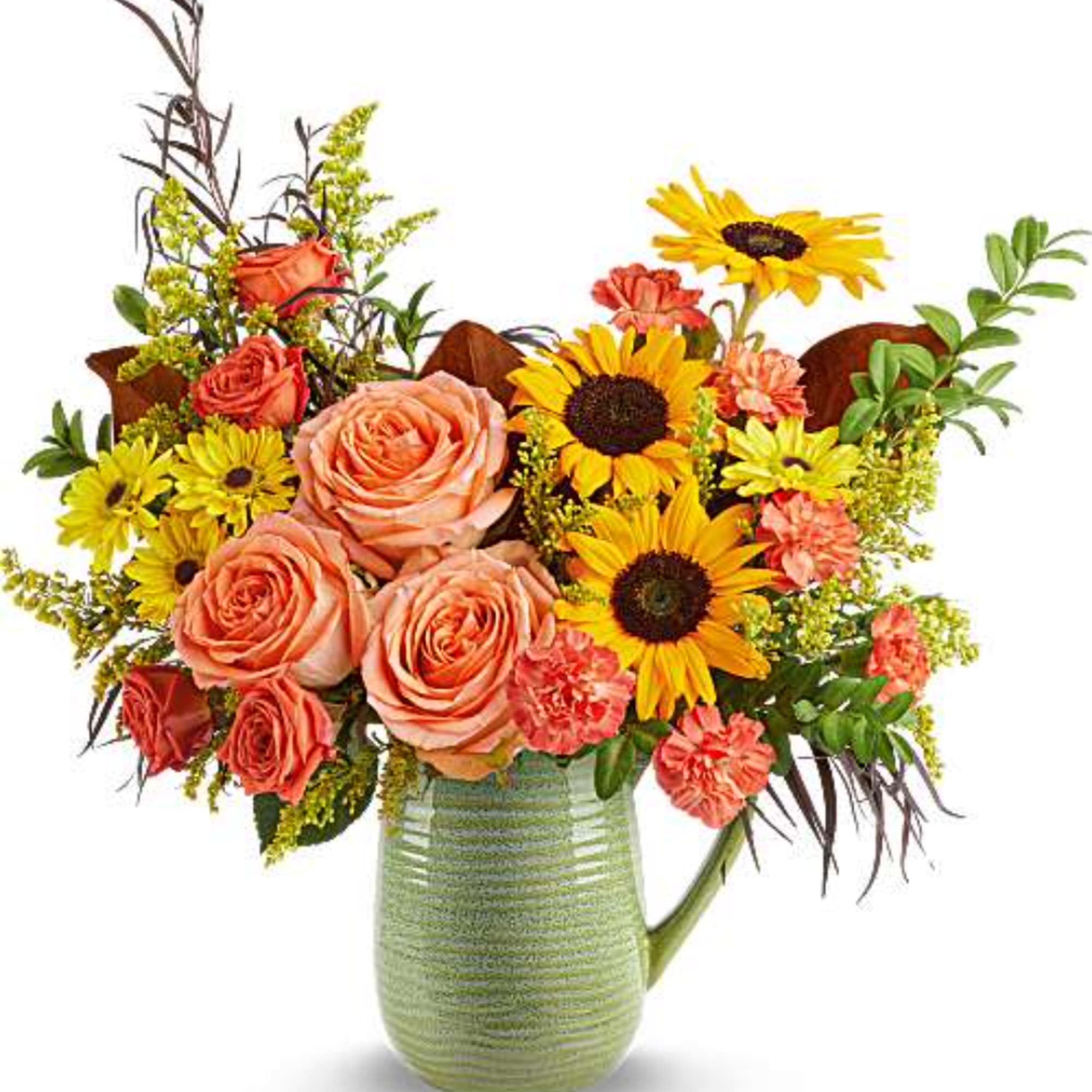 Bouquet of peach roses and yellow sunflowers in a green pitcher vase