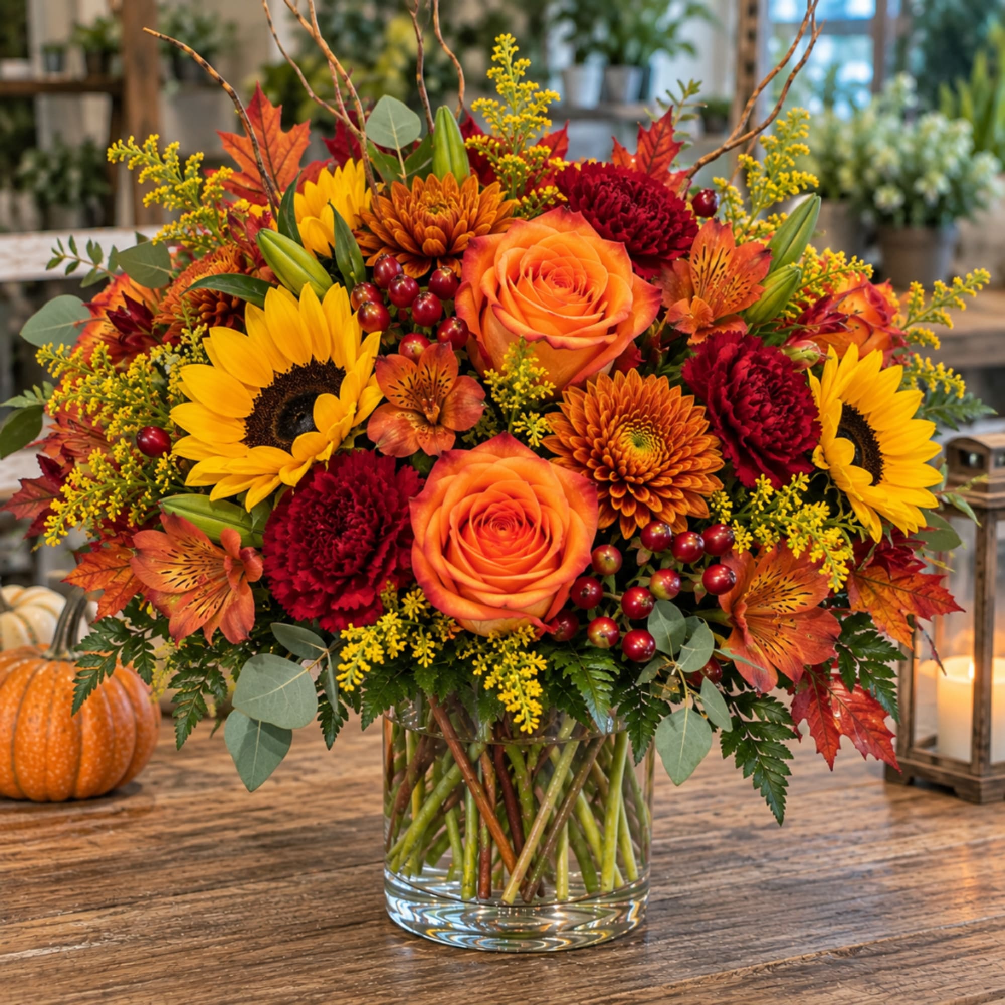 Autumn bouquet with sunflowers, orange roses, and red mums in a glass vase