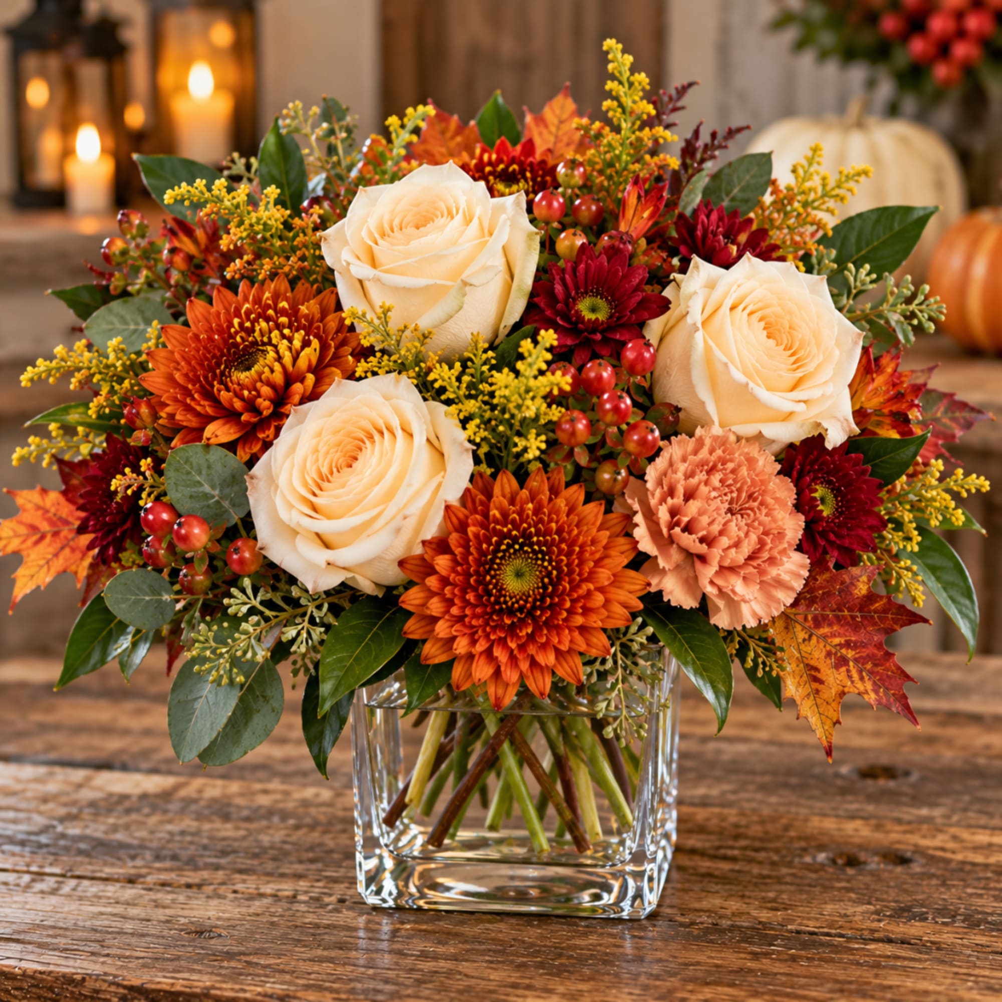 Autumn bouquet of cream roses, orange mums, and carnations in a glass vase