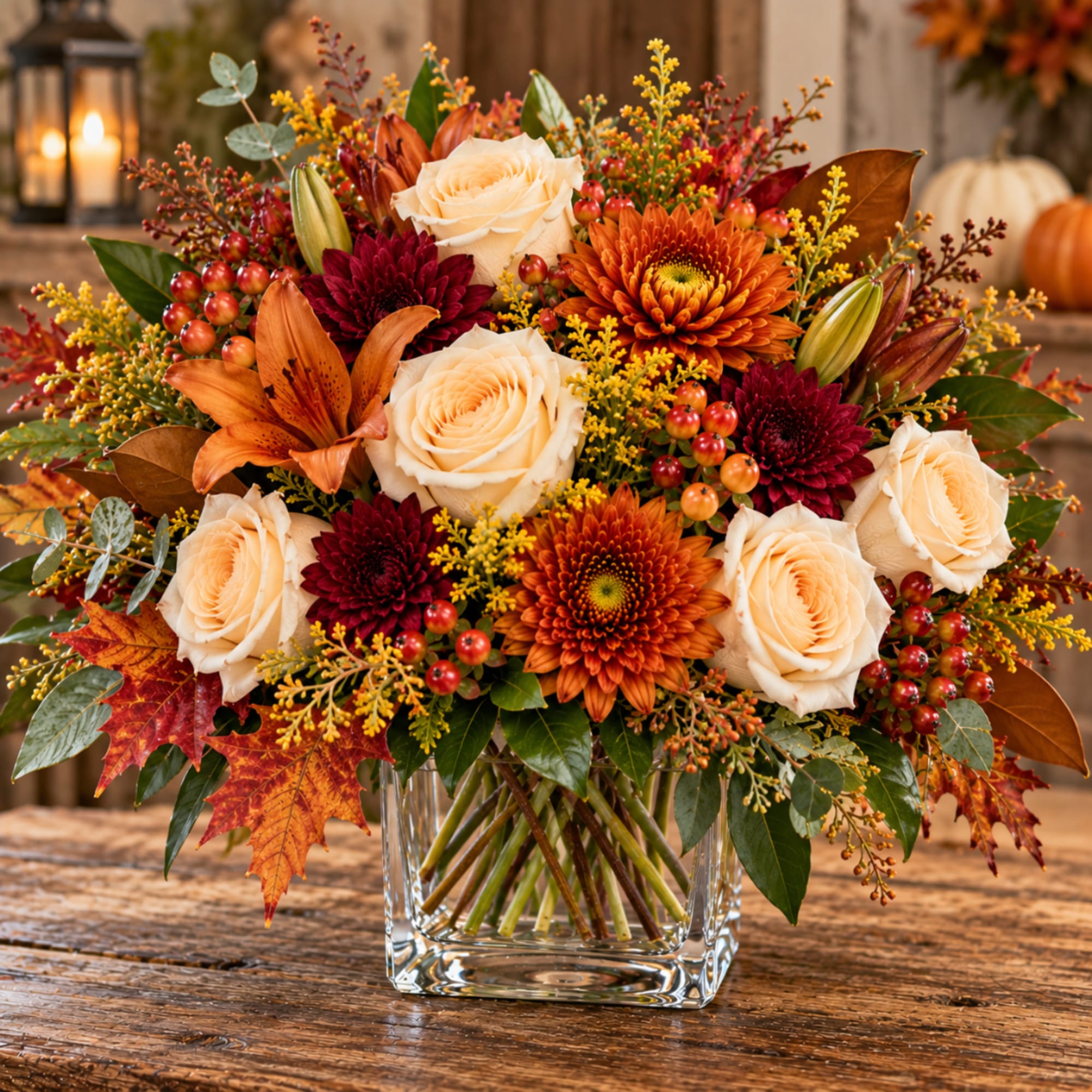 Autumn bouquet of cream roses, orange mums, and burgundy flowers in a glass vase