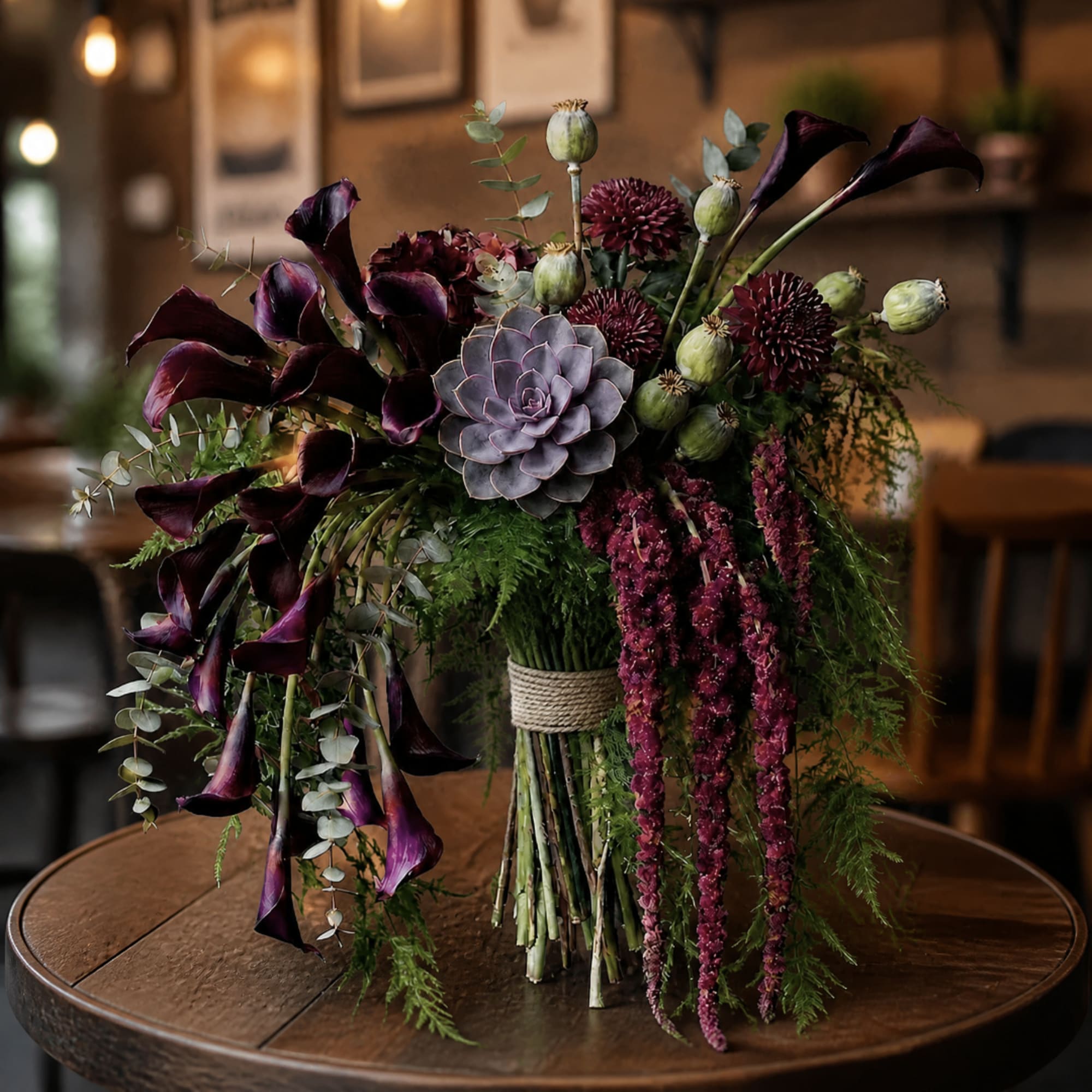 Dark purple floral arrangement with calla lilies and a succulent centerpiece