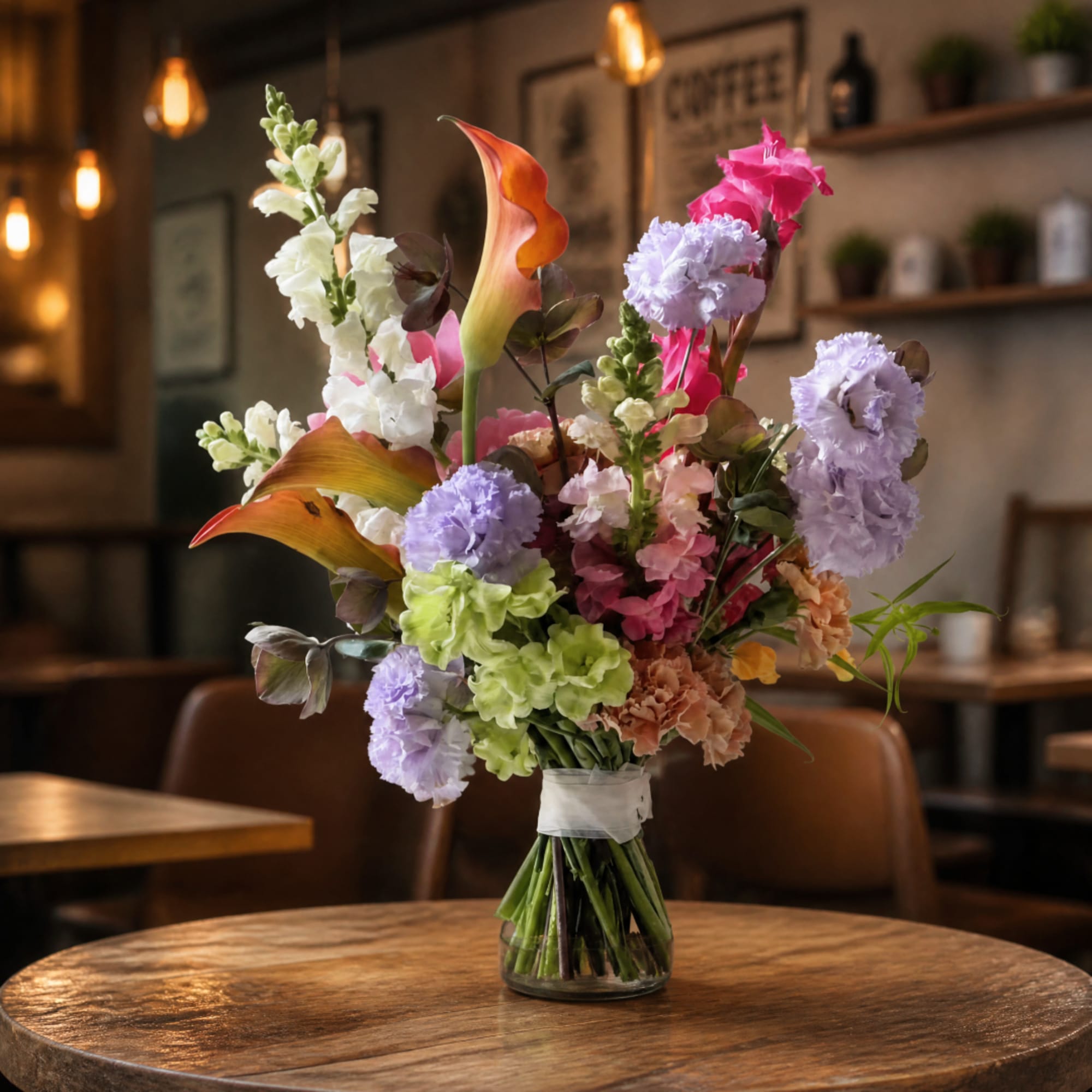 Mixed bouquet in a glass vase with calla lilies and ruffled blooms