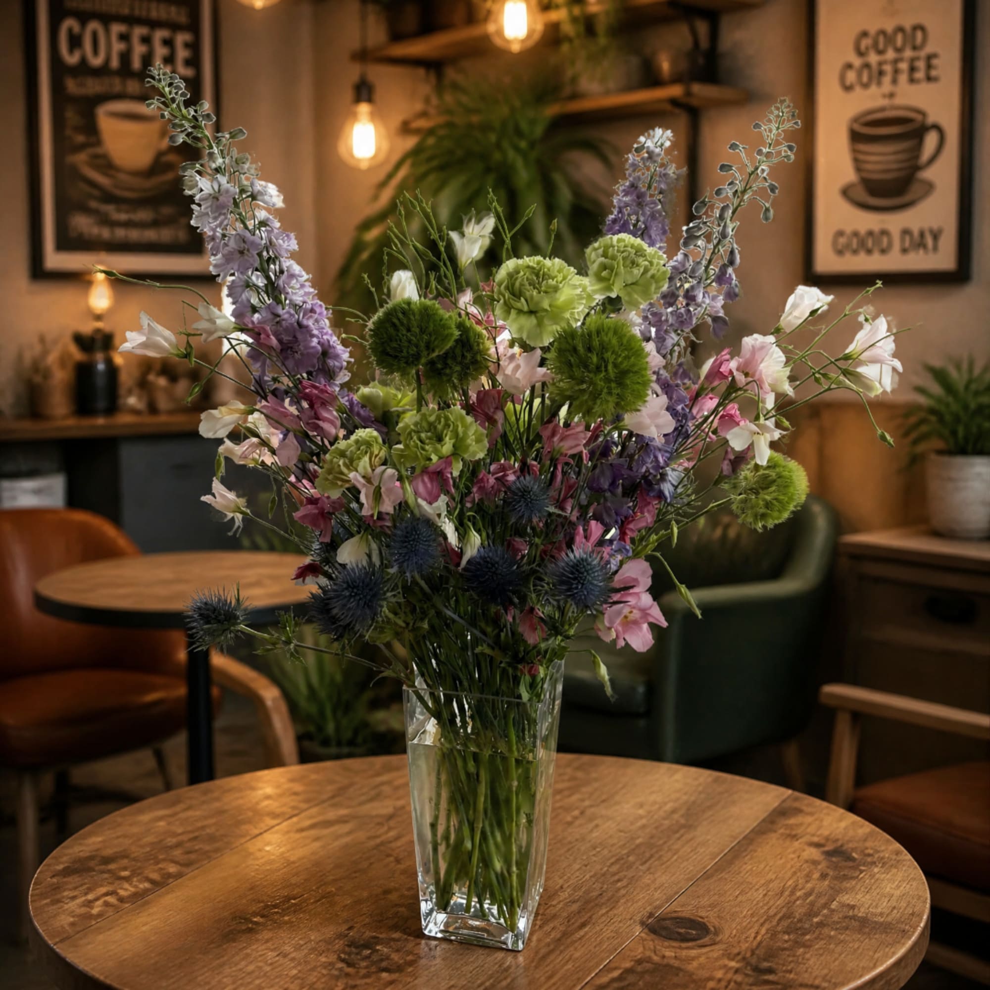Mixed bouquet in a clear glass vase with purple, pink, white, and green blooms