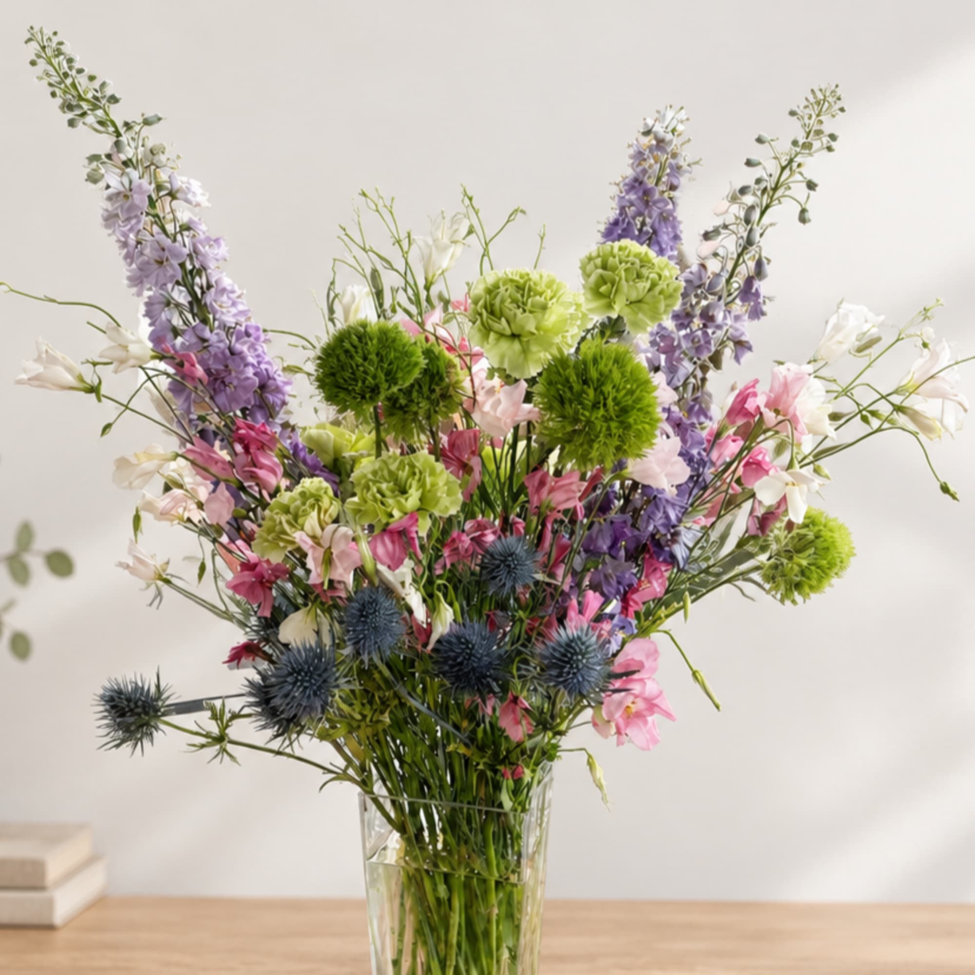 Mixed bouquet in a clear glass vase with purple, pink, white, and green flowers