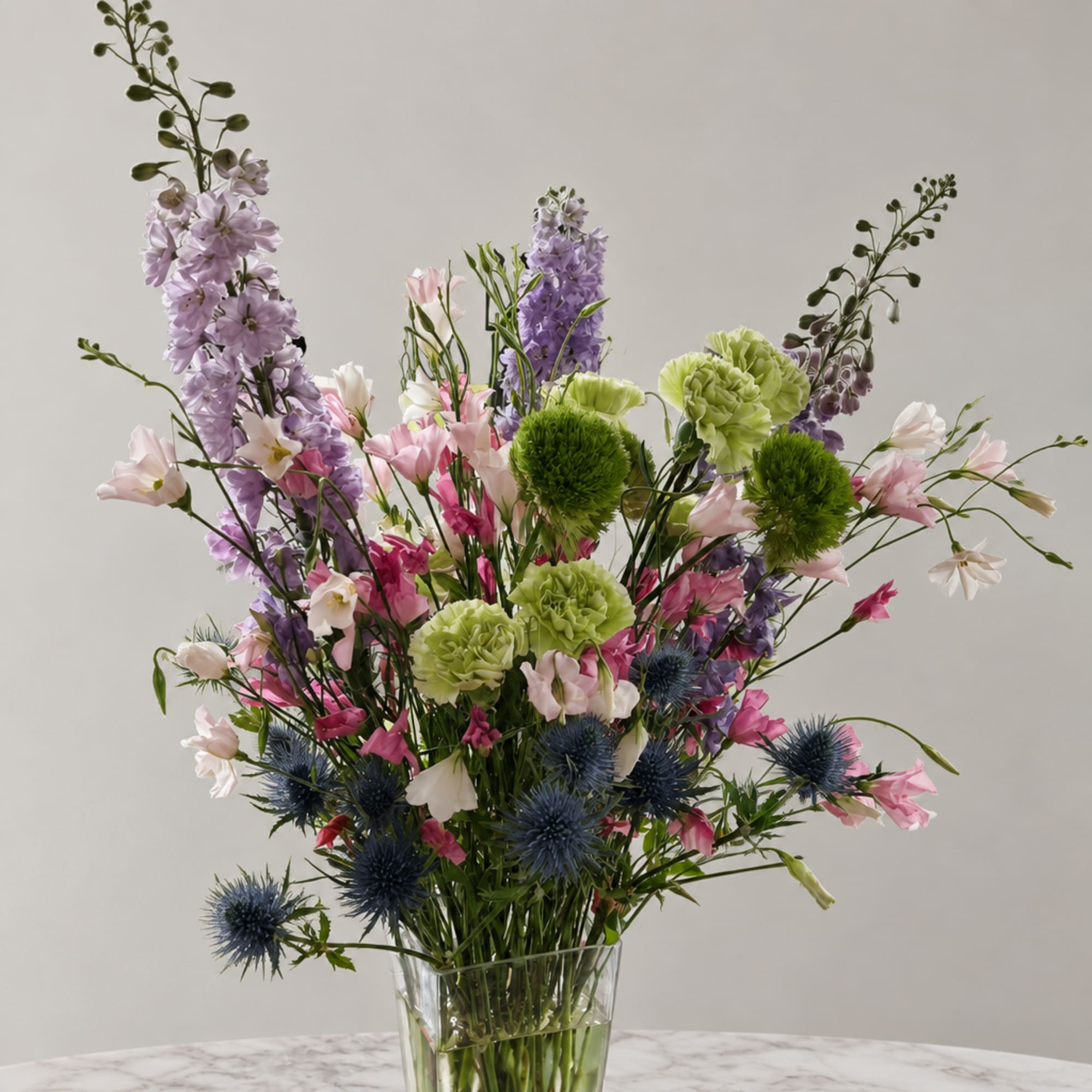 Tall mixed bouquet in a clear glass vase with pink, purple, green, and blue flowers