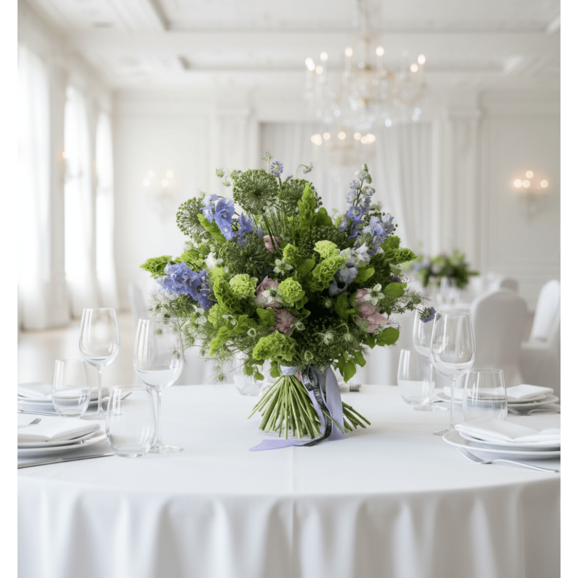 Round bouquet of blue, green, and pink flowers on a white table