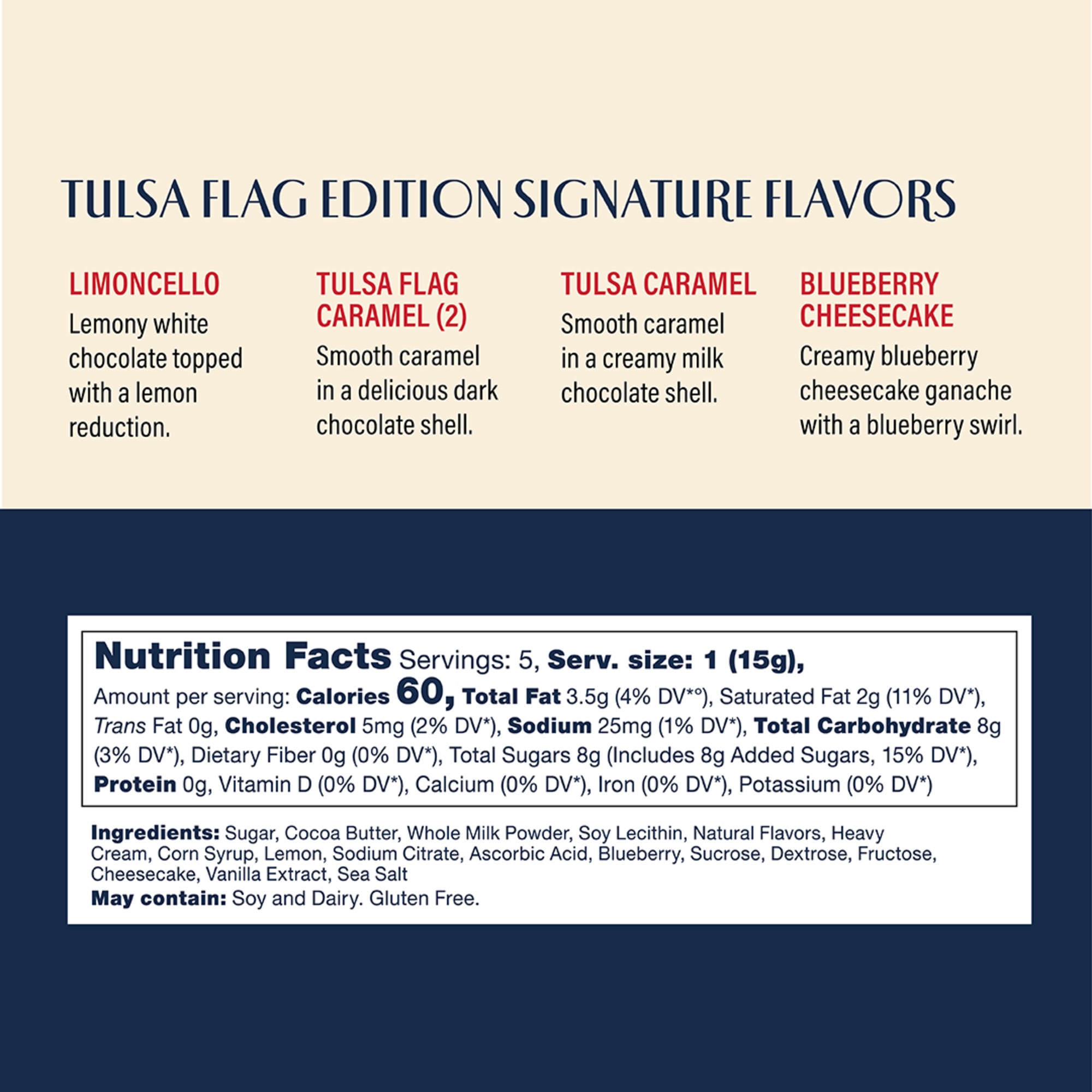 Chocolate box label with flavor names and nutrition facts