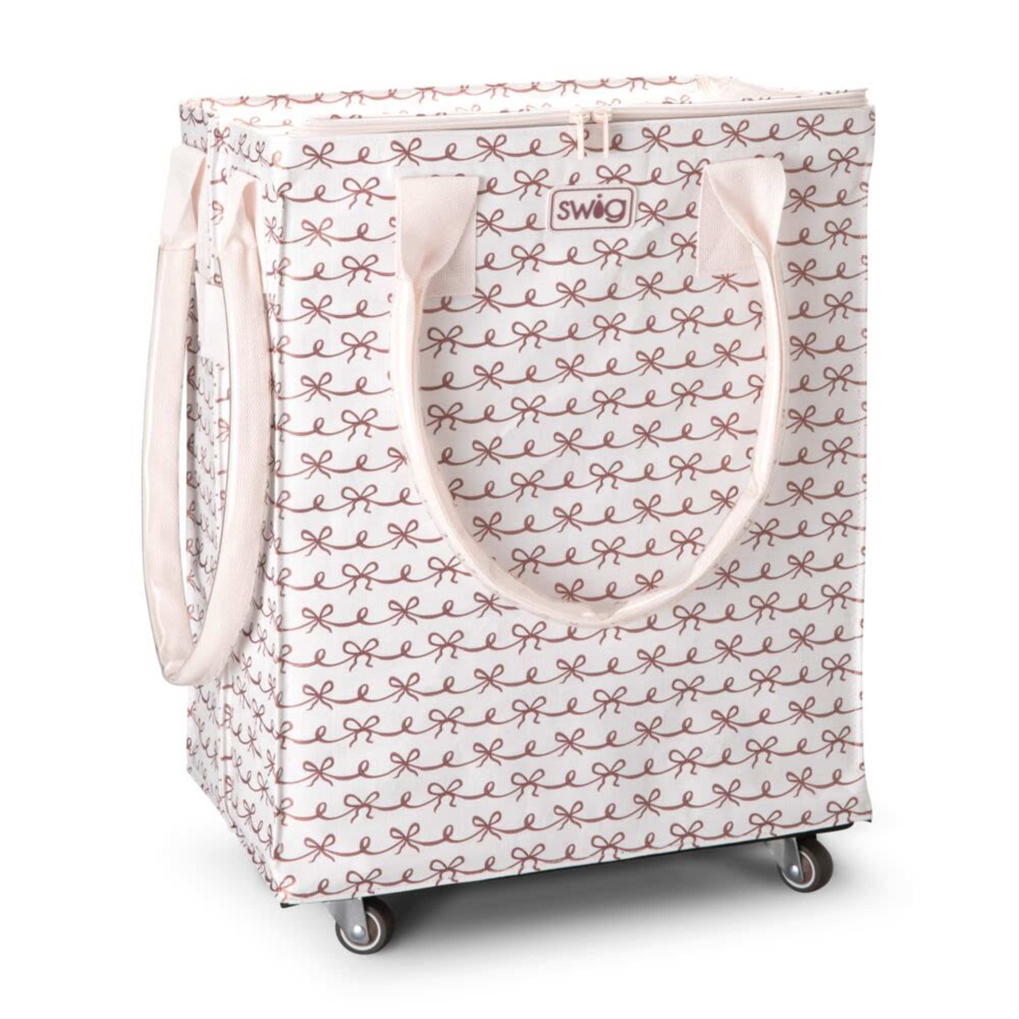 Patterned insulated rolling tote bag with handles and wheels