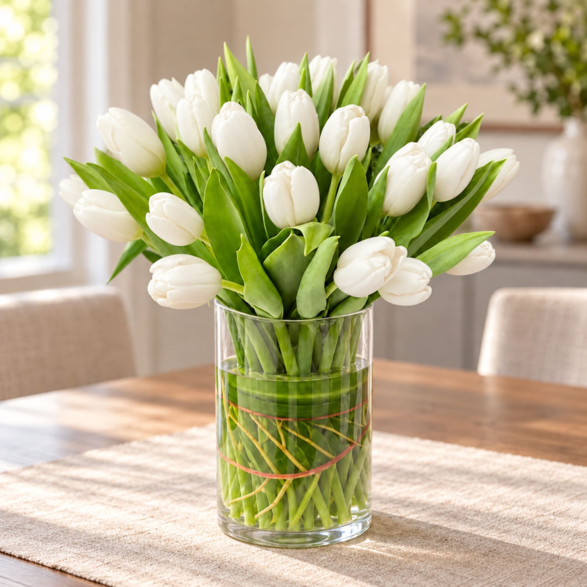 White tulips arranged in a clear glass vase