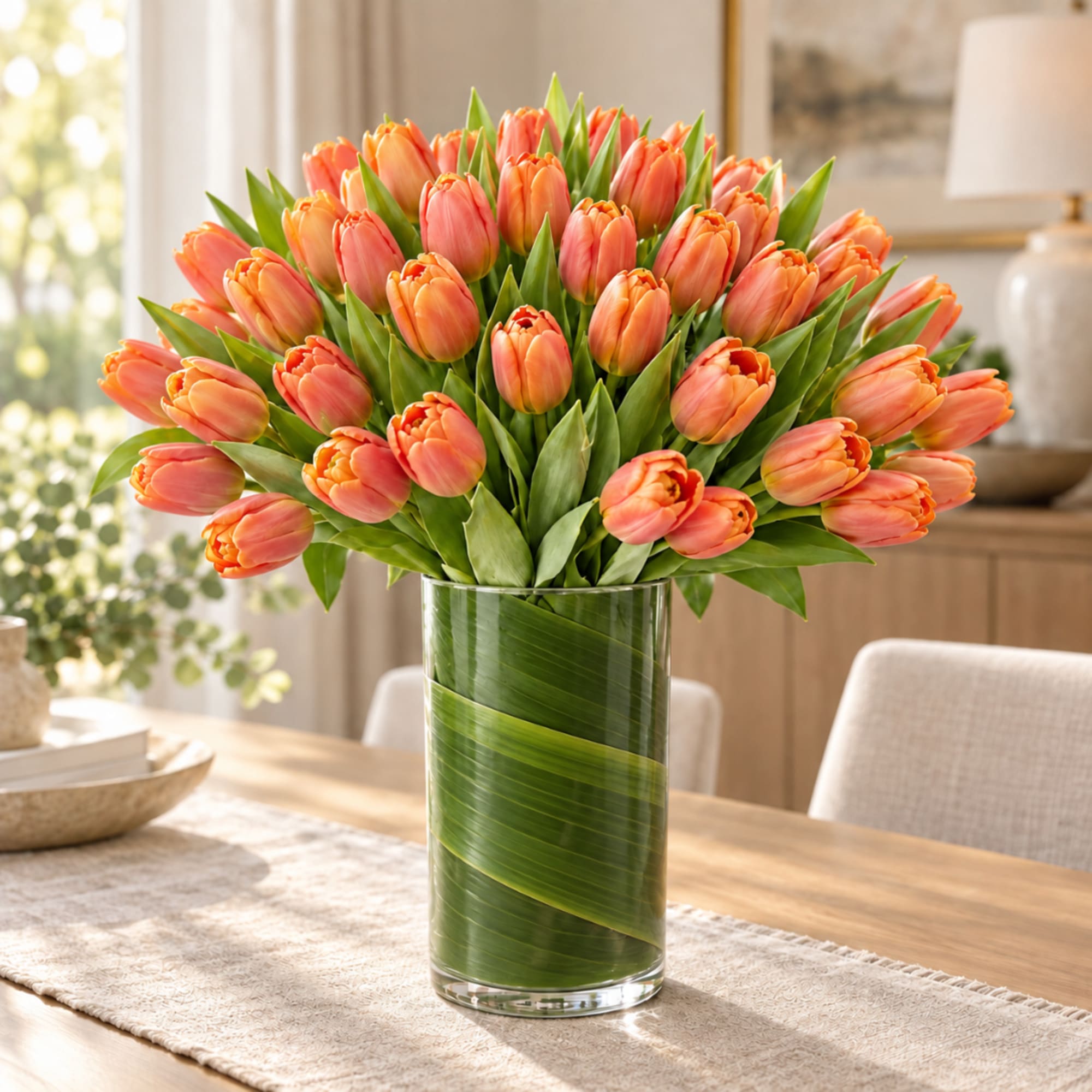 Orange tulips arranged in a clear glass vase wrapped with green leaves