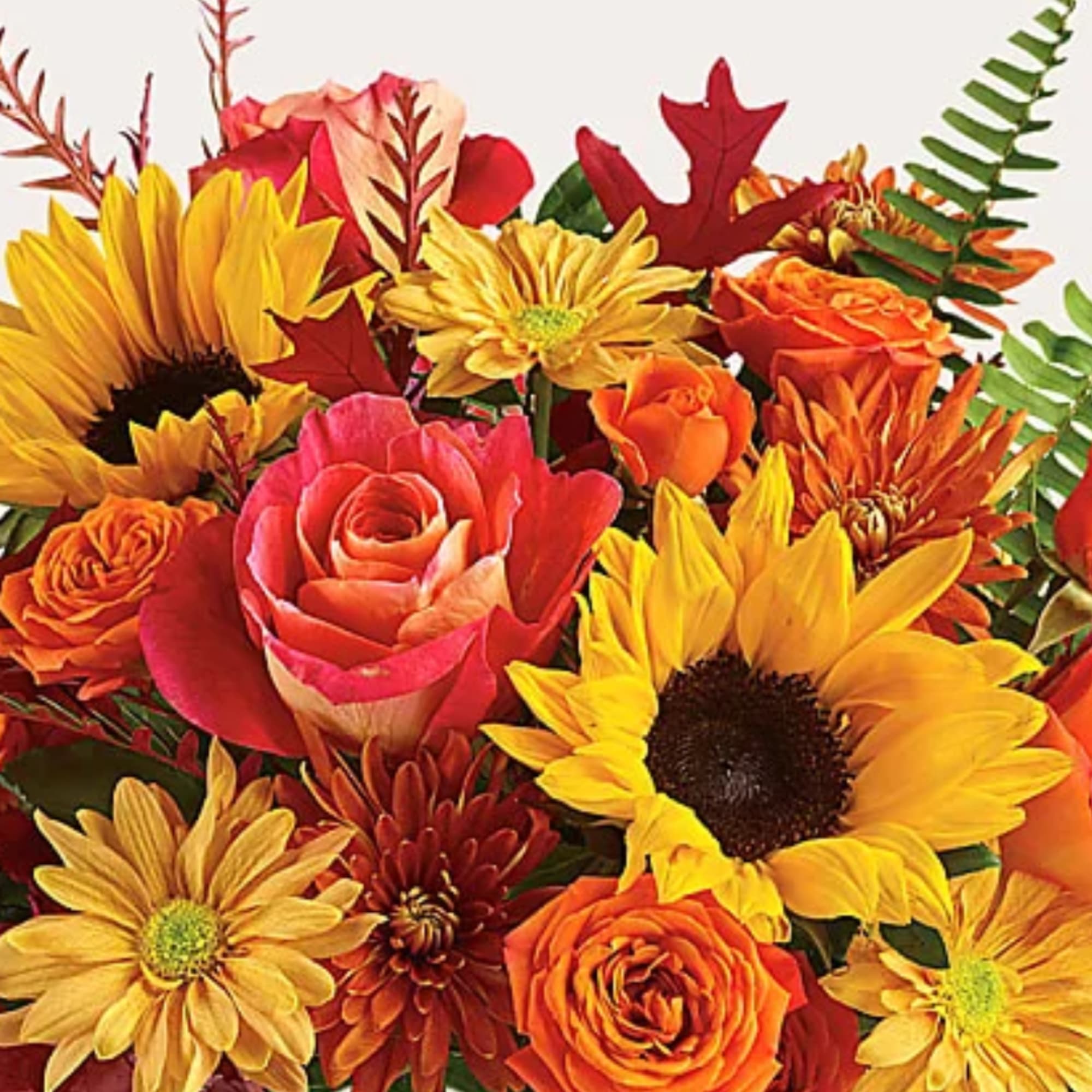 Bright bouquet of sunflowers, roses, and mums in warm autumn colors