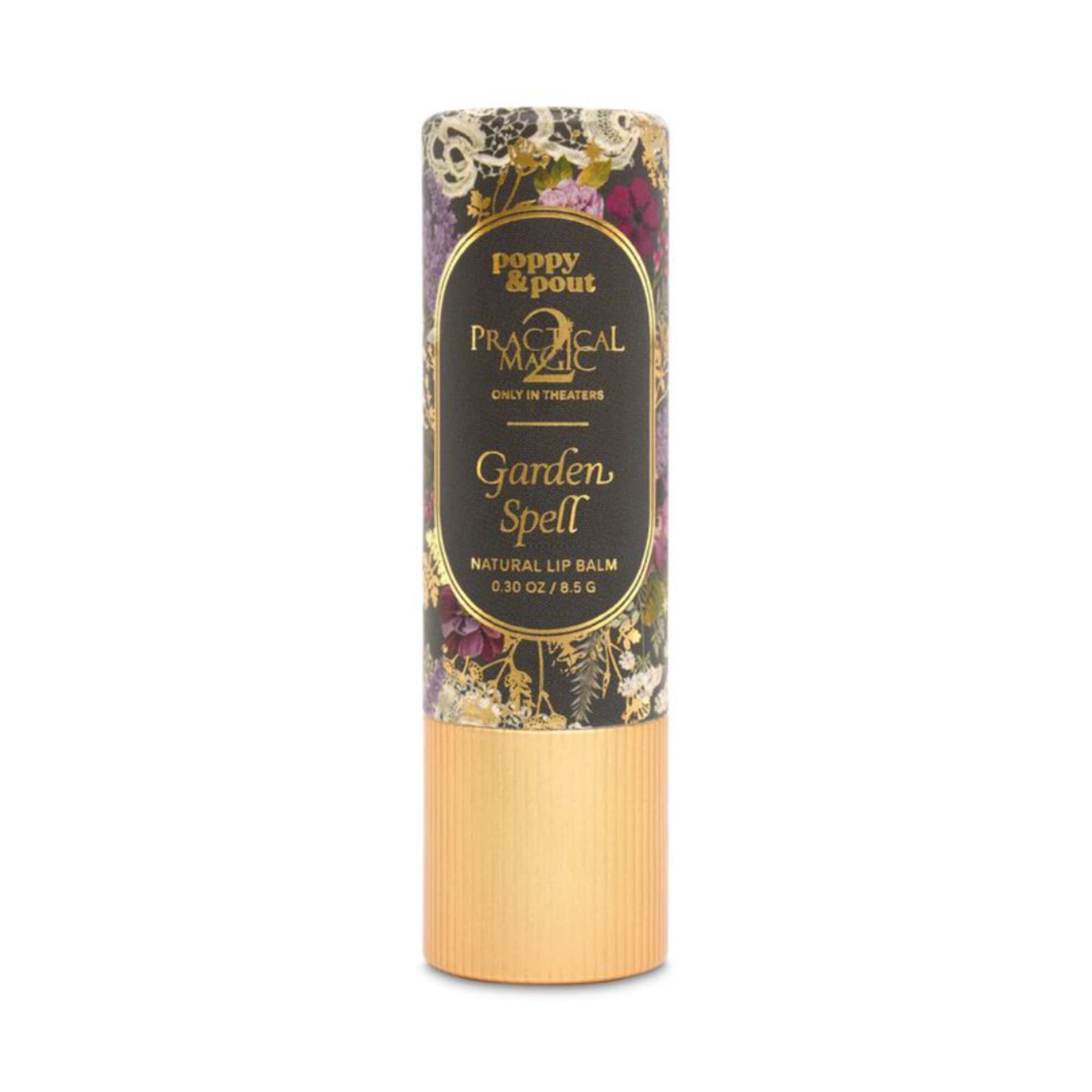 Floral-patterned lip balm tube with gold cap