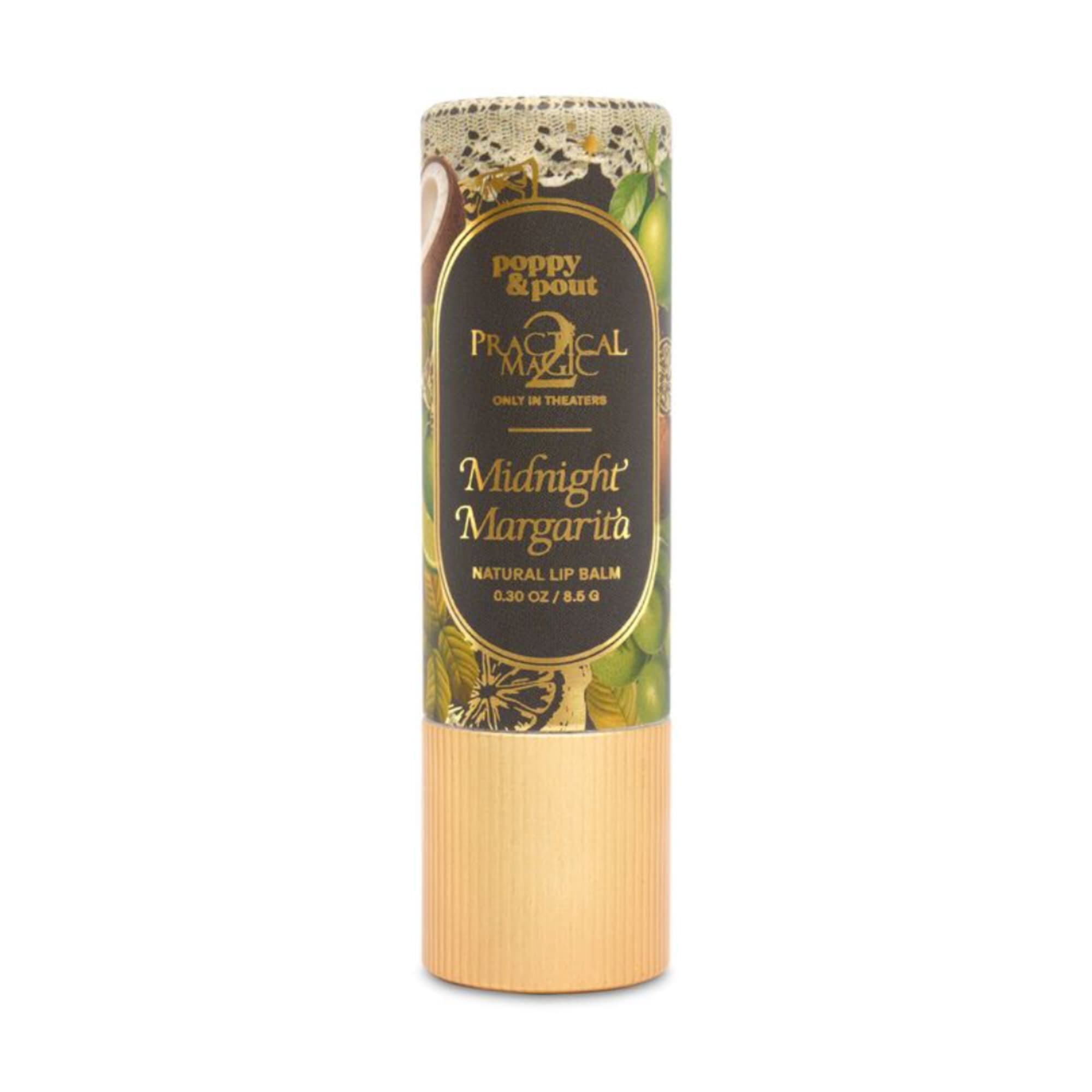 Lip balm tube with a black and gold label