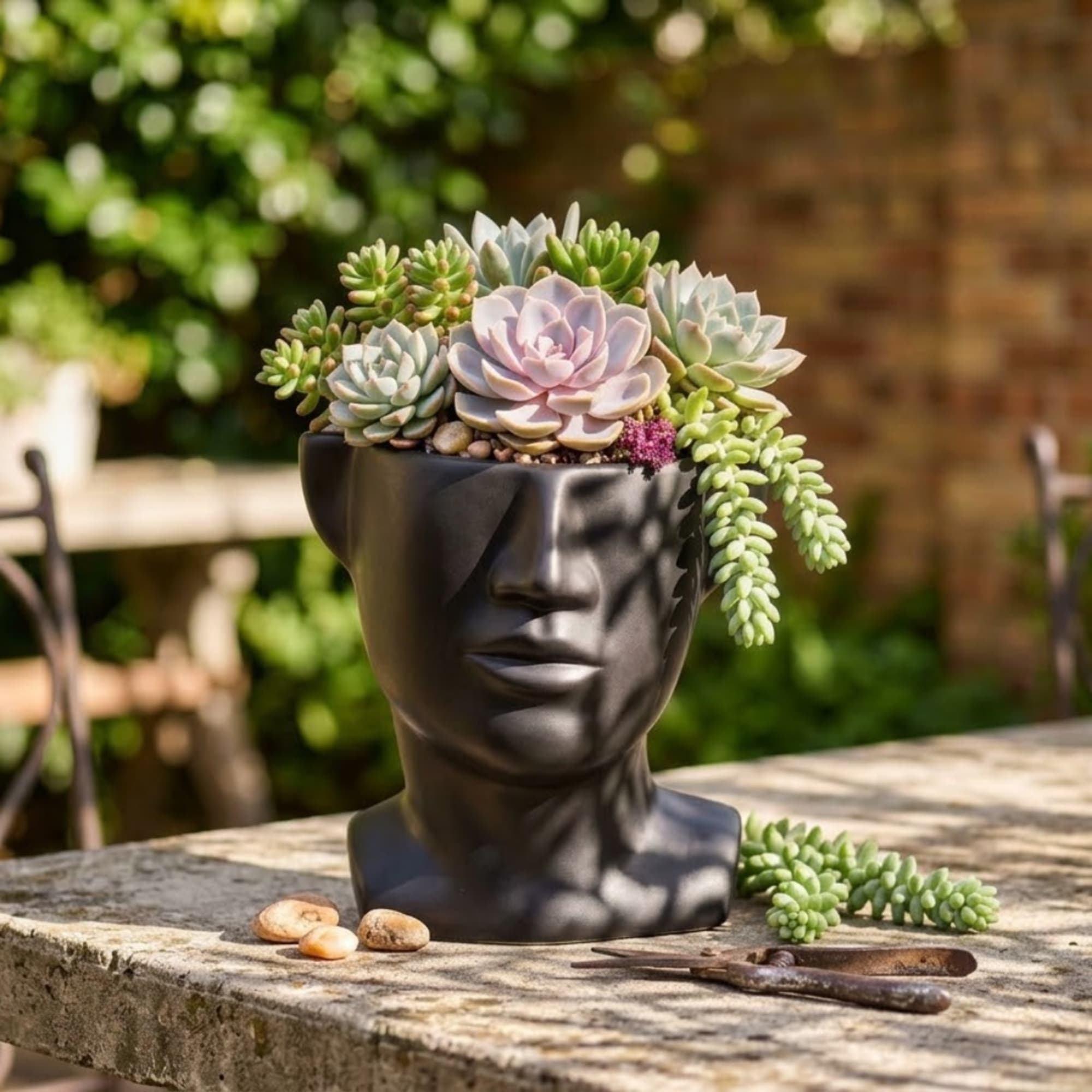 Succulent arrangement in a black face-shaped planter on a stone table