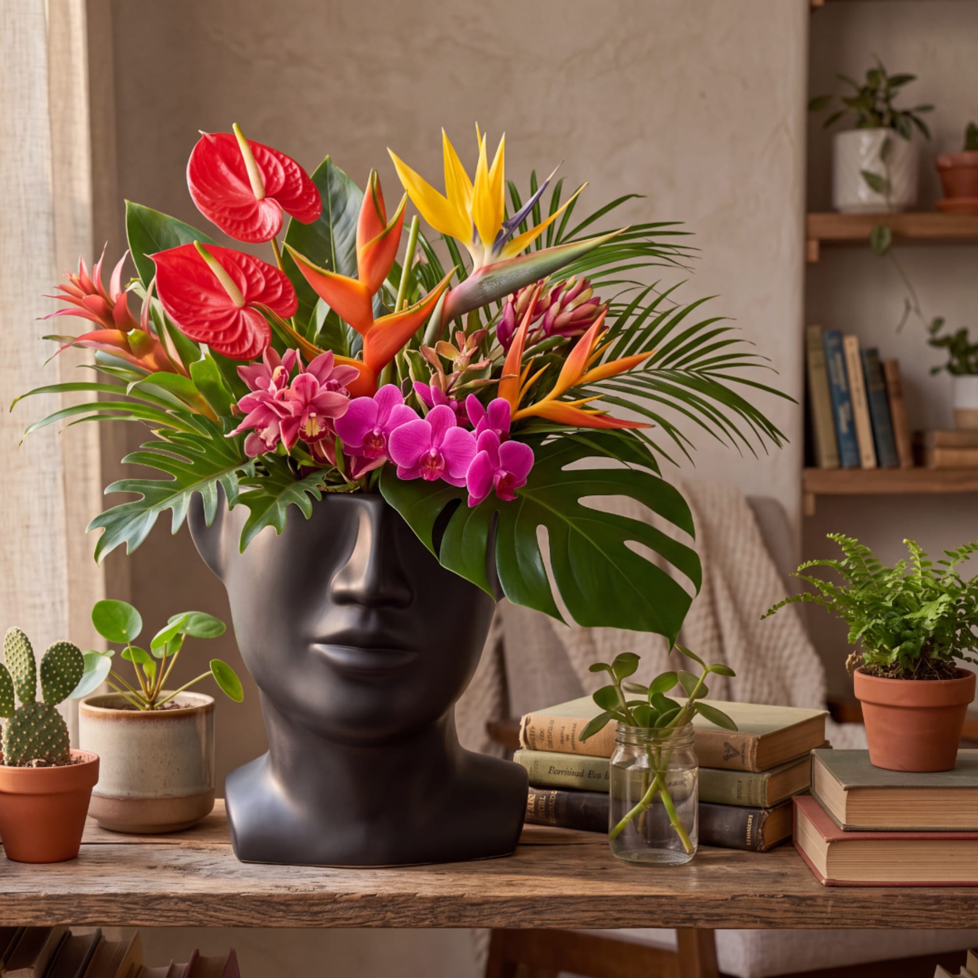 Tropical flower arrangement in a black face vase with orchids and anthuriums