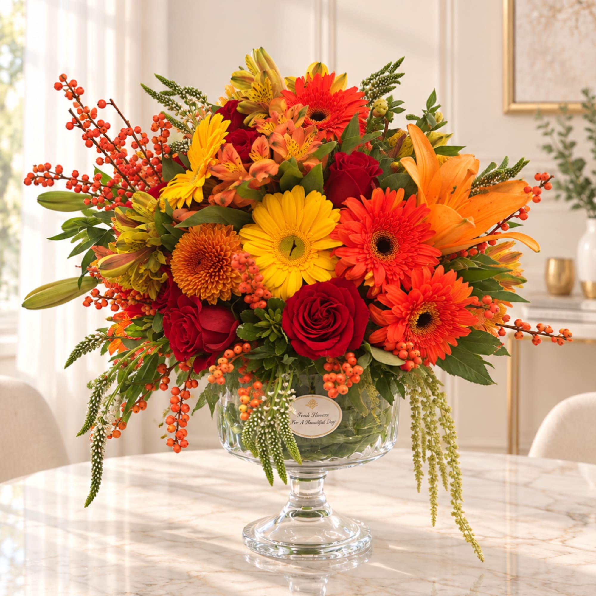 Bright mixed bouquet in a clear glass pedestal vase, photo 3 of 3
